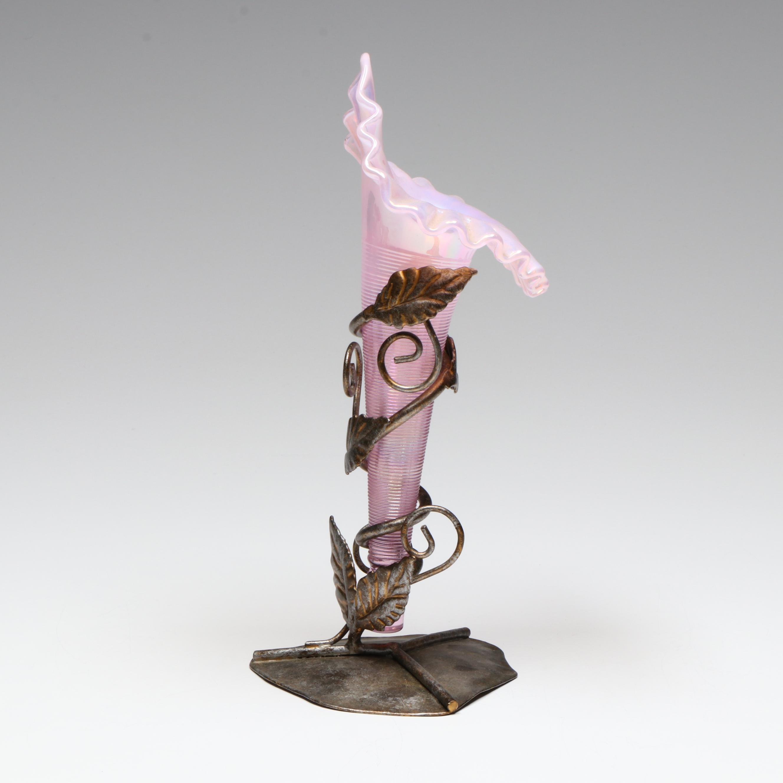 Fenton Jack-in-the-Pulpit Pink Iridescent Glass and Metal Vine Epergne