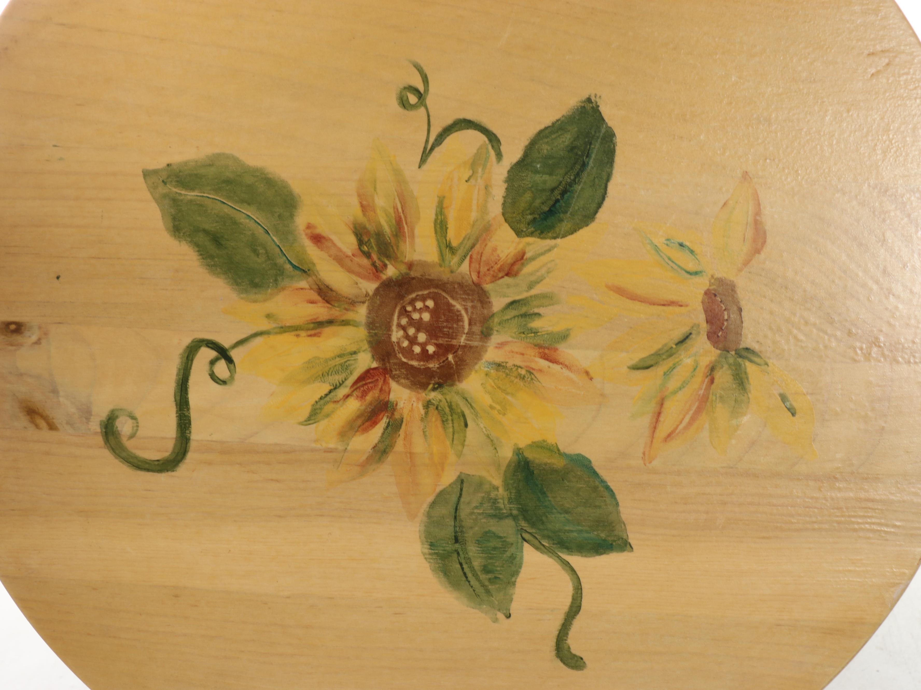 Metal and Pine Accent Table with Hand-Painted Sunflower