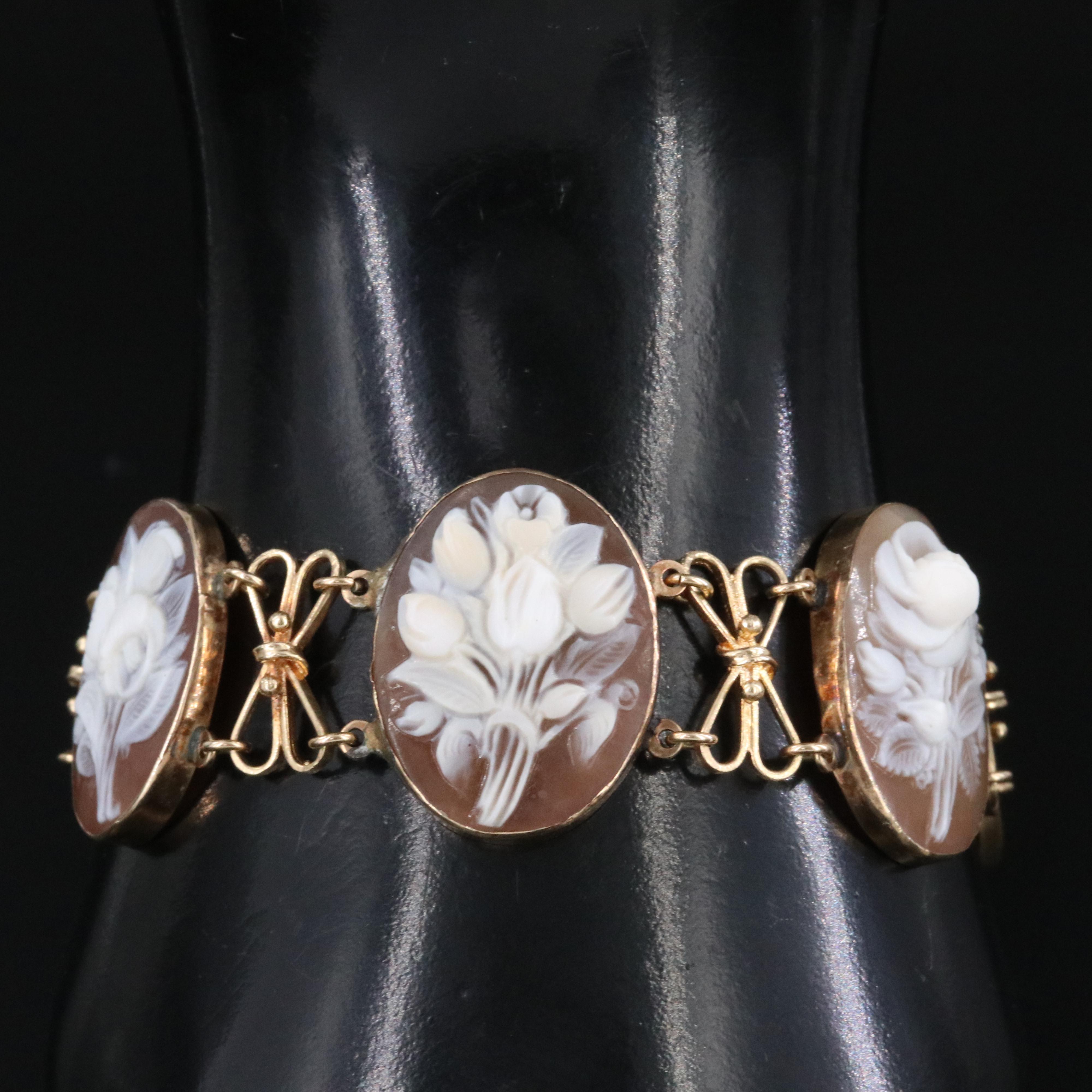 Vintage 14K Shell Flower Cameo Bracelet