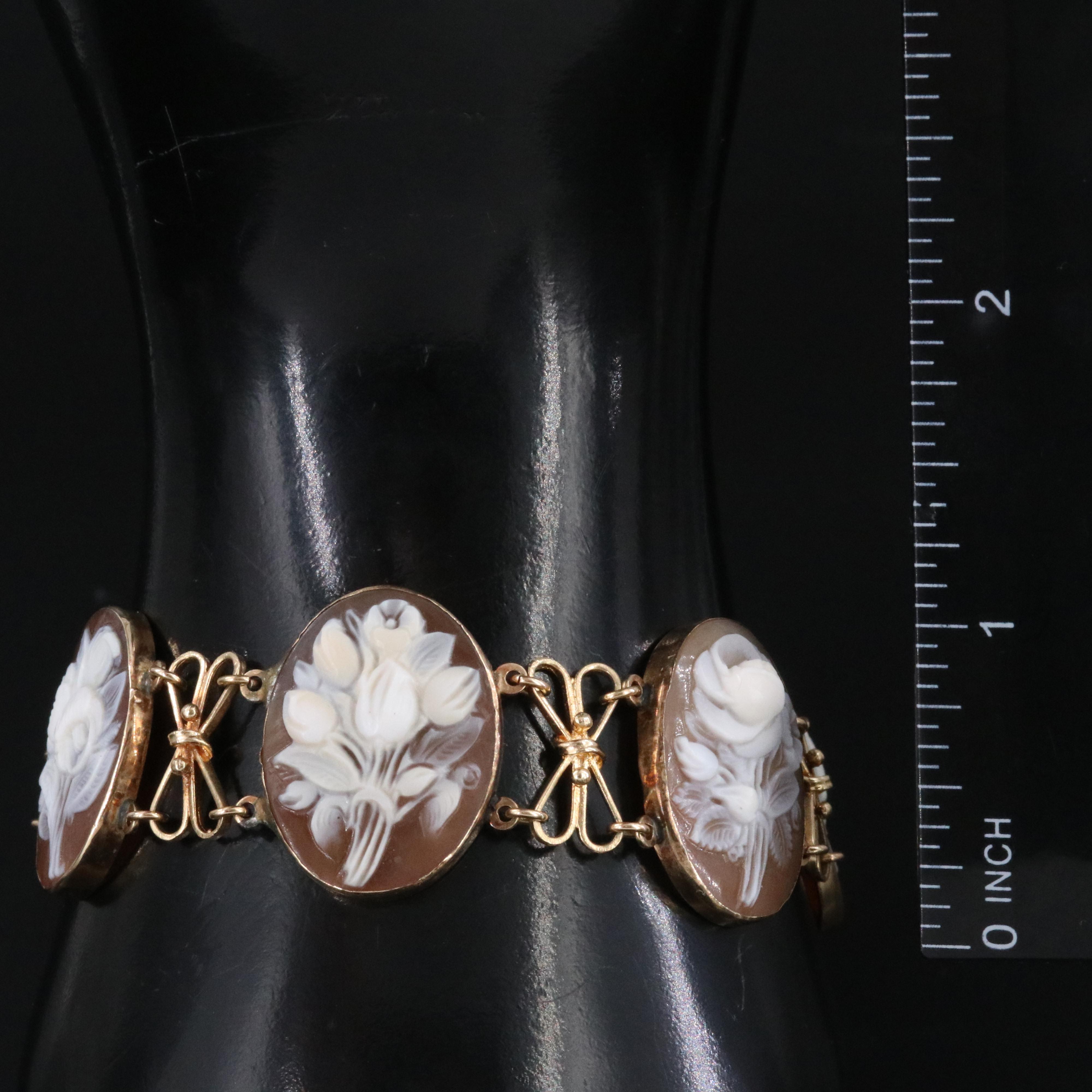 Vintage 14K Shell Flower Cameo Bracelet