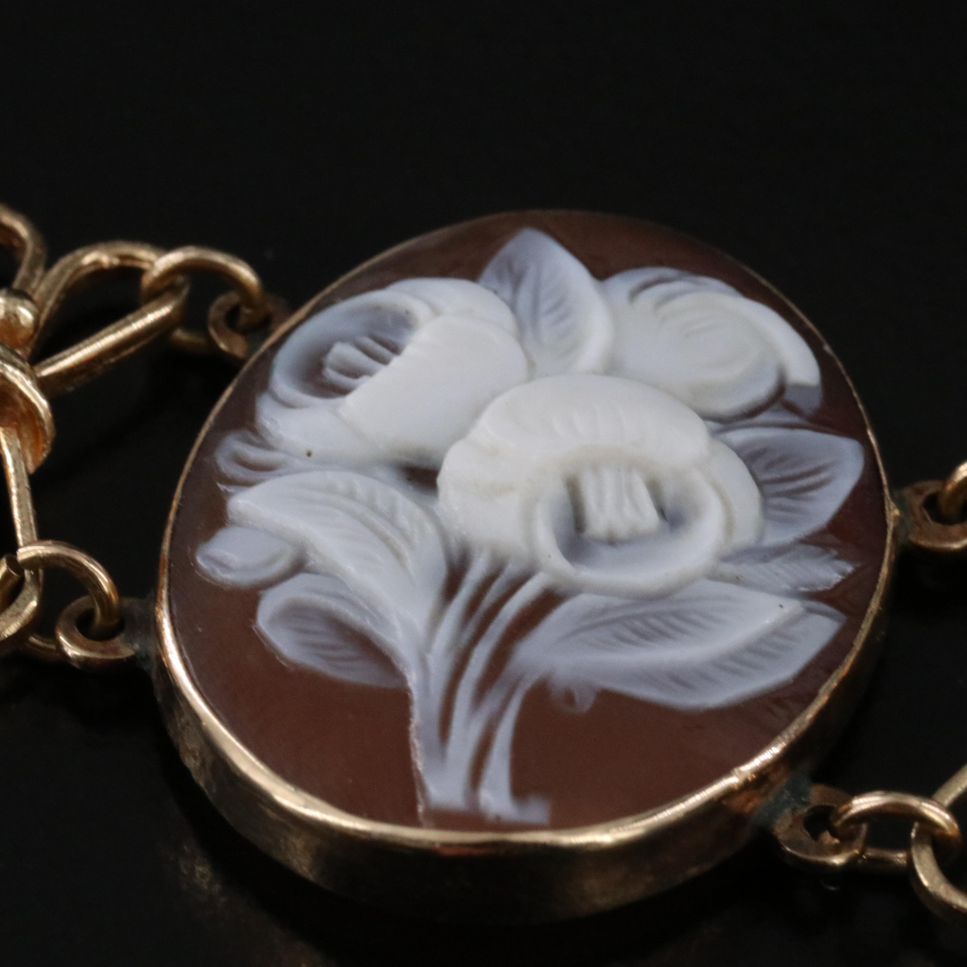 Vintage 14K Shell Flower Cameo Bracelet