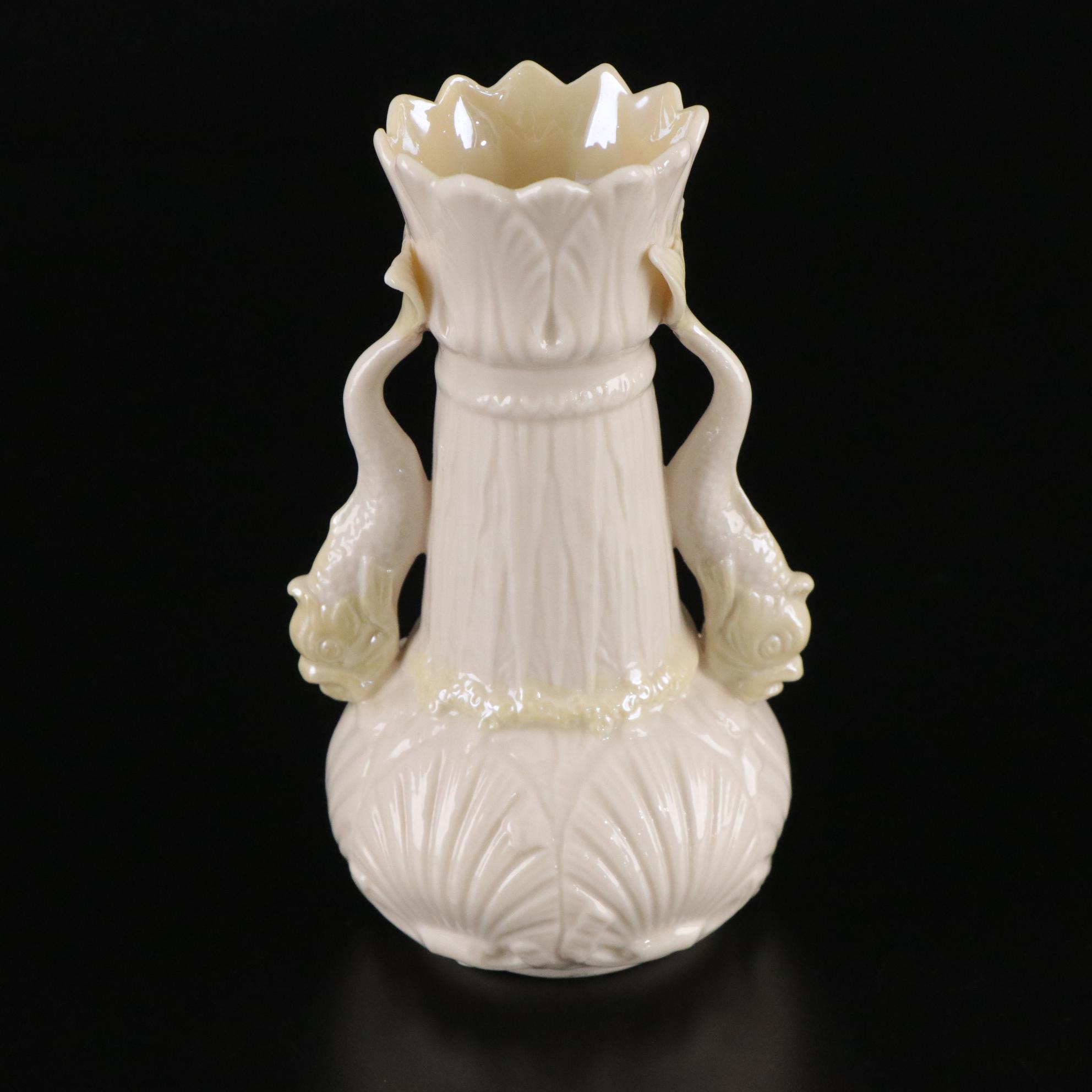 Belleek Porcelain "Dolphin" Spill Vase, Boat Shaped Ashtray, and Two Nut Cups