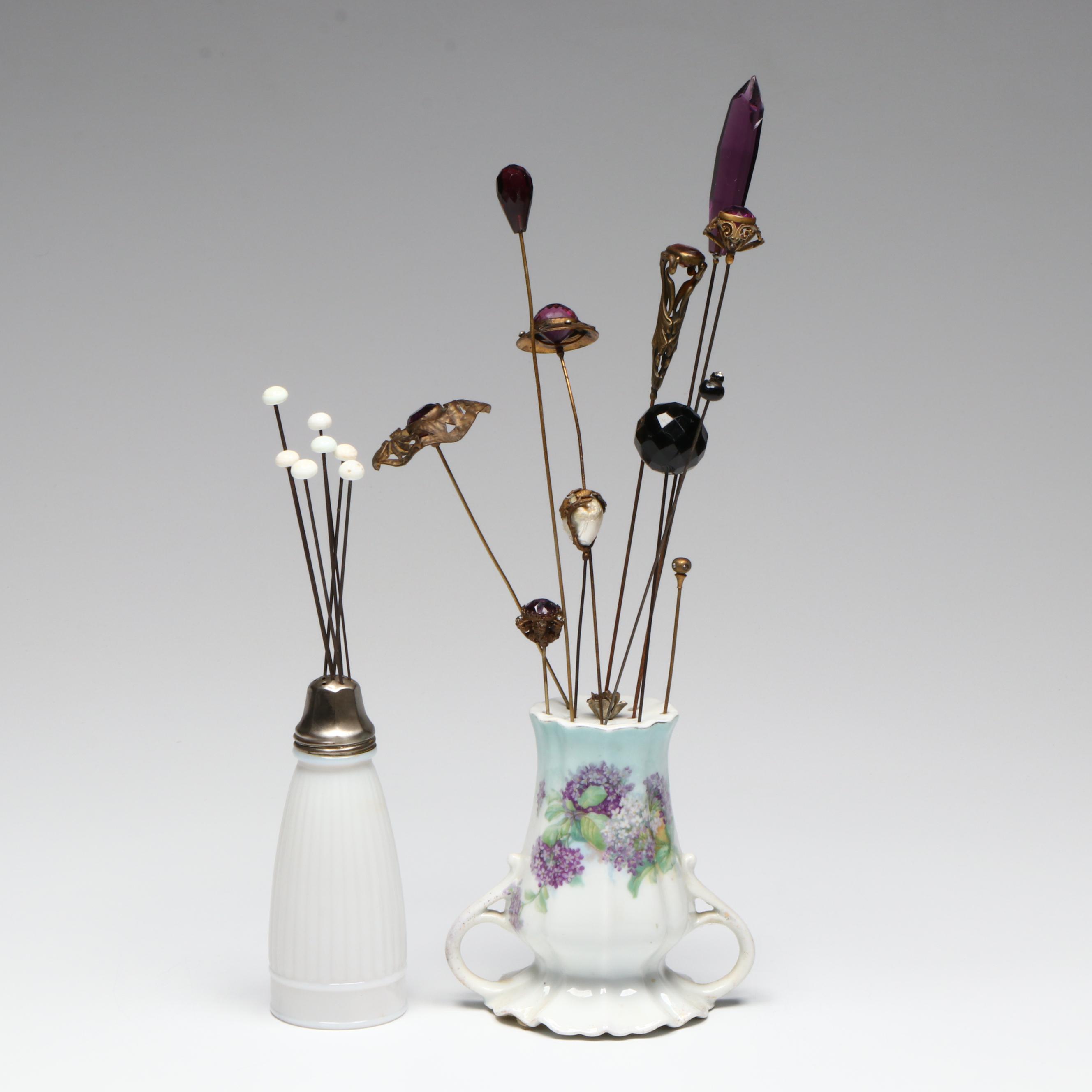 Art Nouveau and Late Victorian Hat Pins in Porcelain and Milk Glass Holders