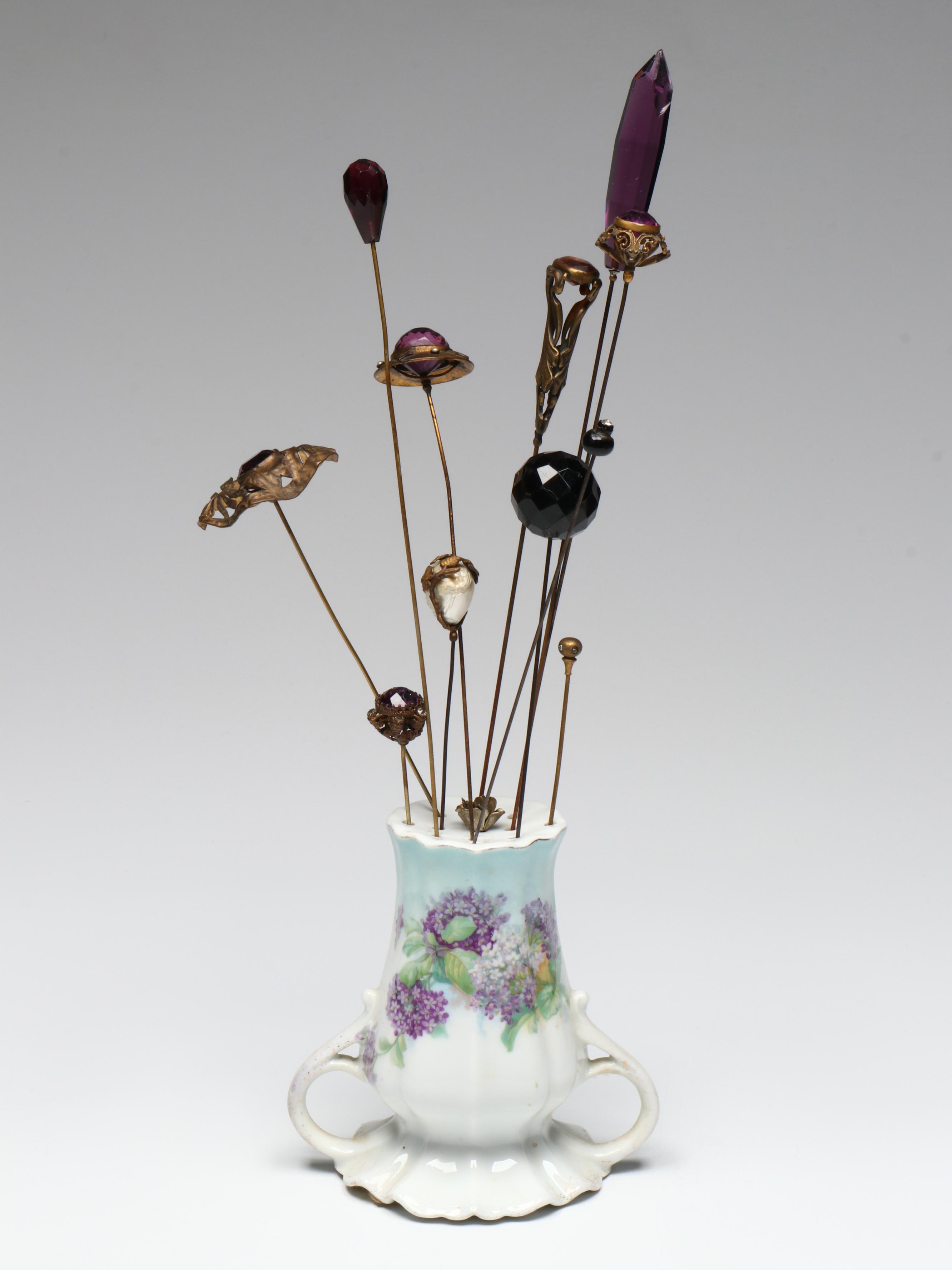 Art Nouveau and Late Victorian Hat Pins in Porcelain and Milk Glass Holders