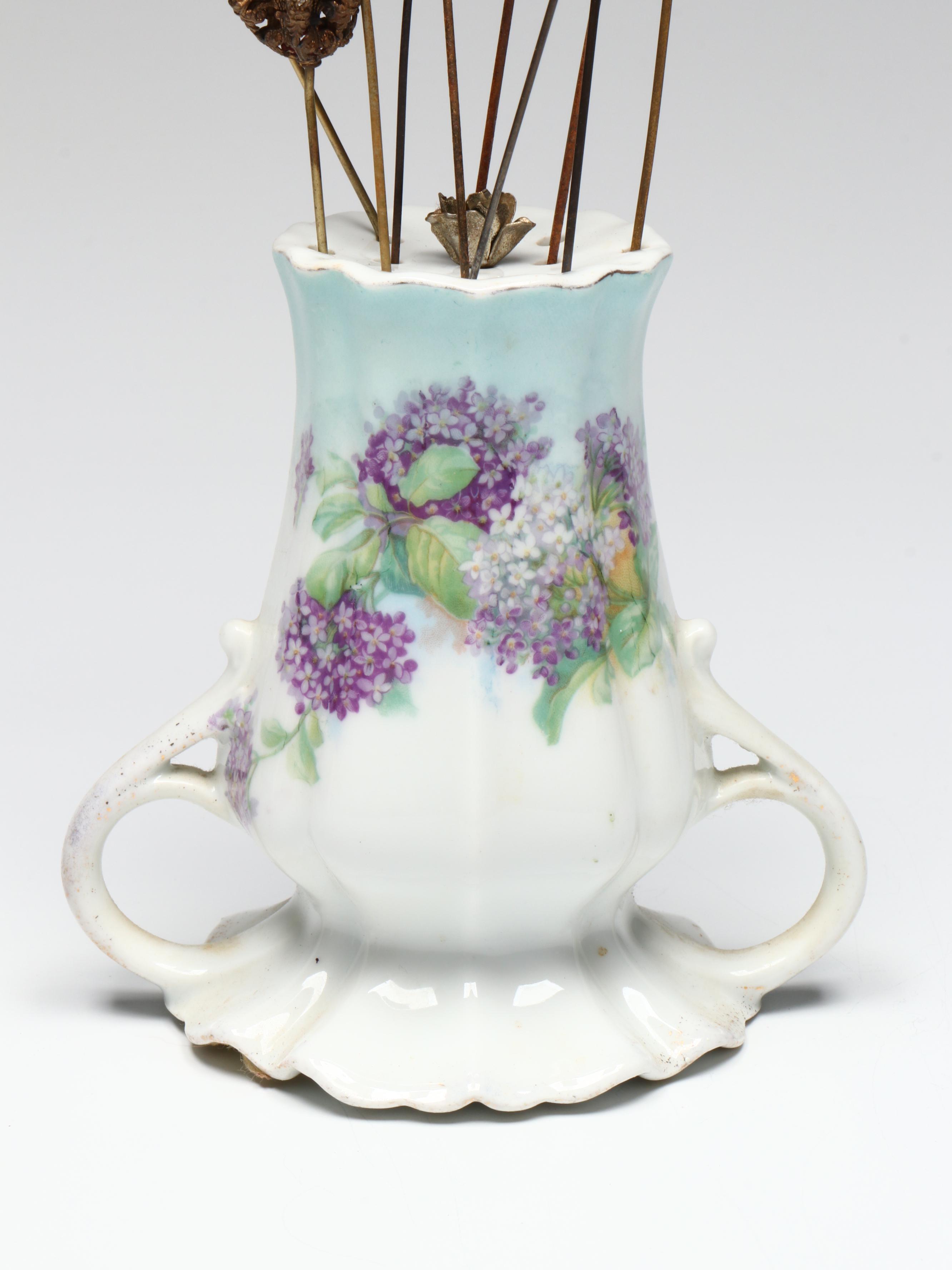 Art Nouveau and Late Victorian Hat Pins in Porcelain and Milk Glass Holders