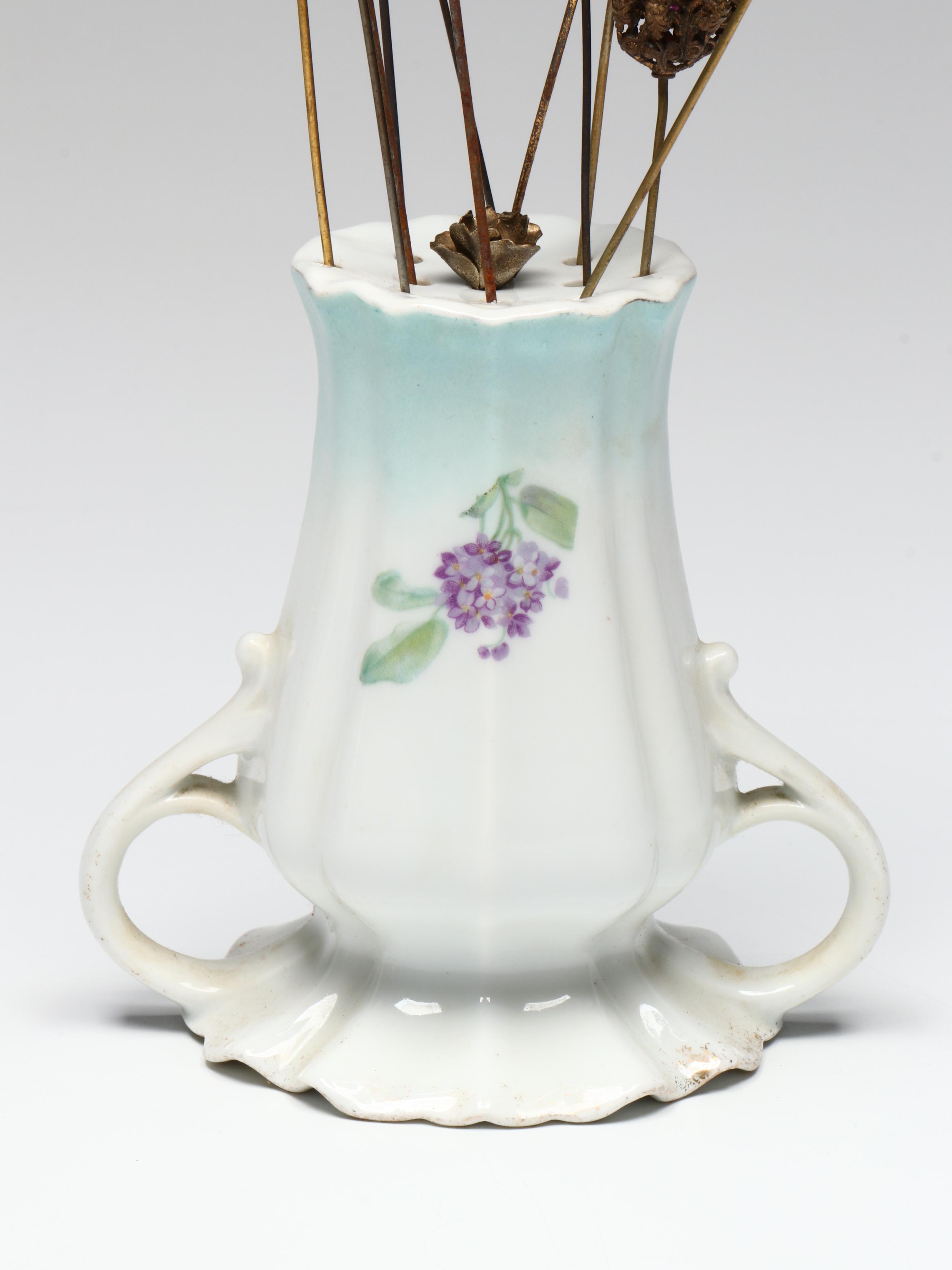 Art Nouveau and Late Victorian Hat Pins in Porcelain and Milk Glass Holders