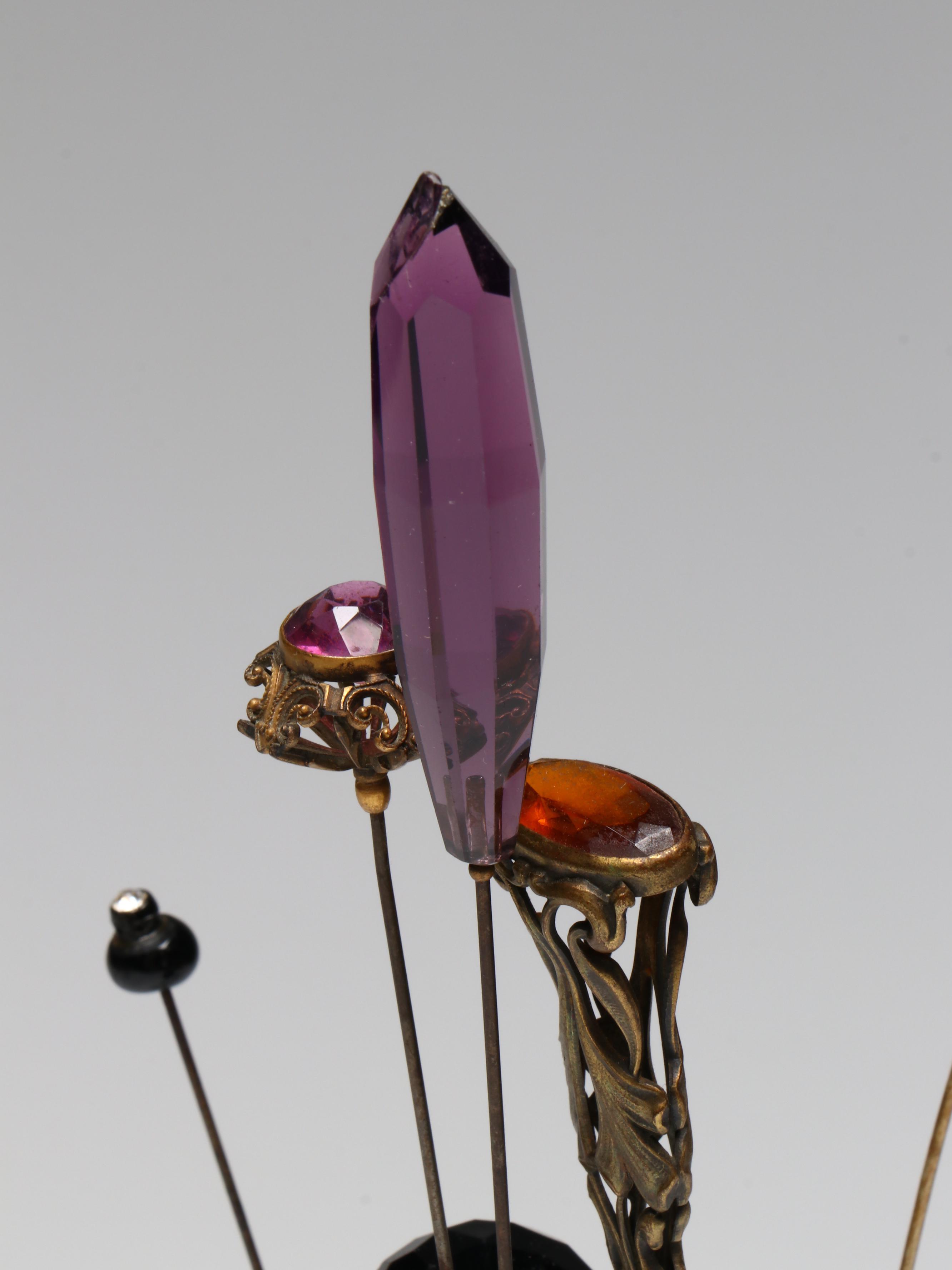 Art Nouveau and Late Victorian Hat Pins in Porcelain and Milk Glass Holders