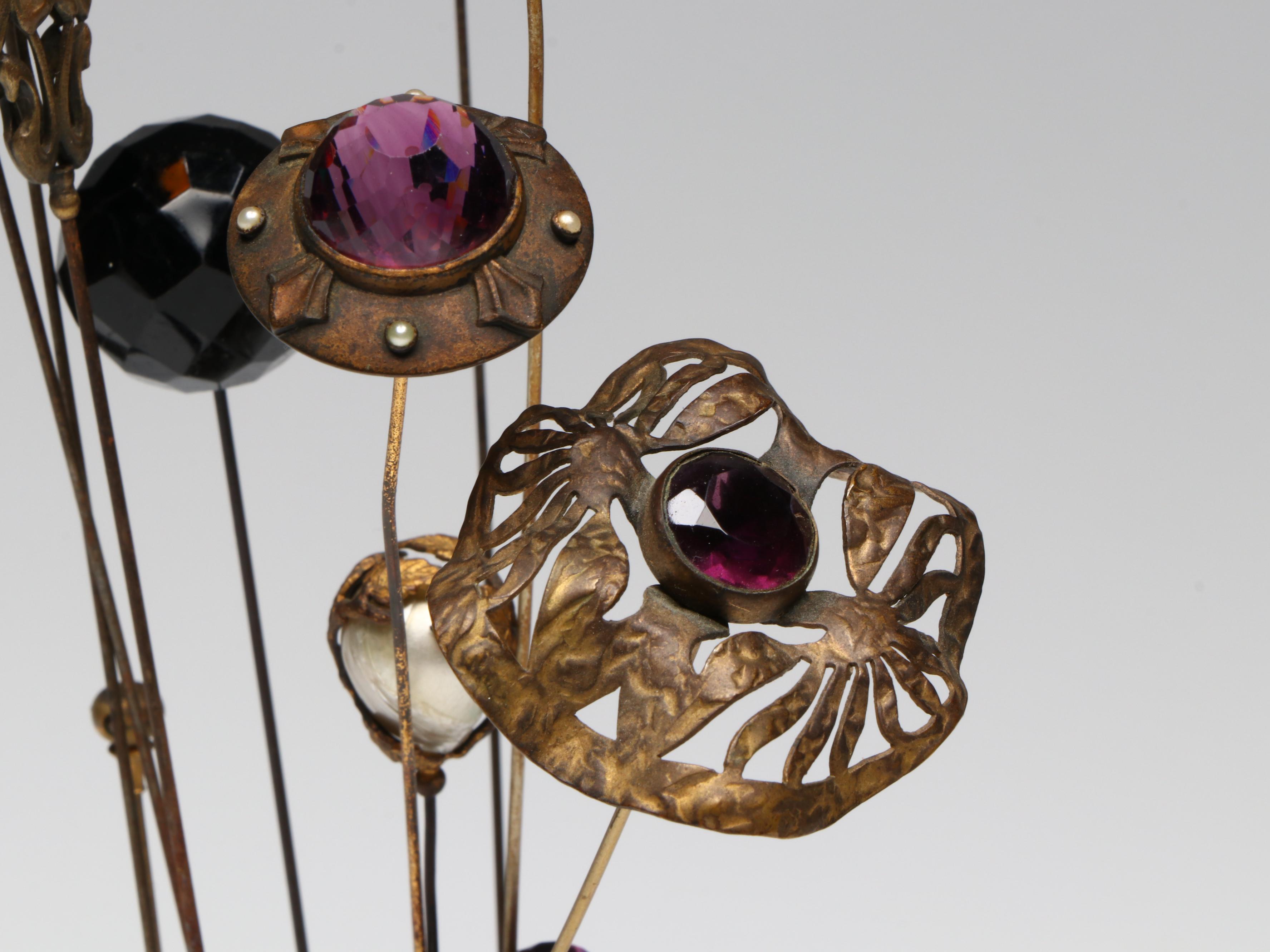 Art Nouveau and Late Victorian Hat Pins in Porcelain and Milk Glass Holders