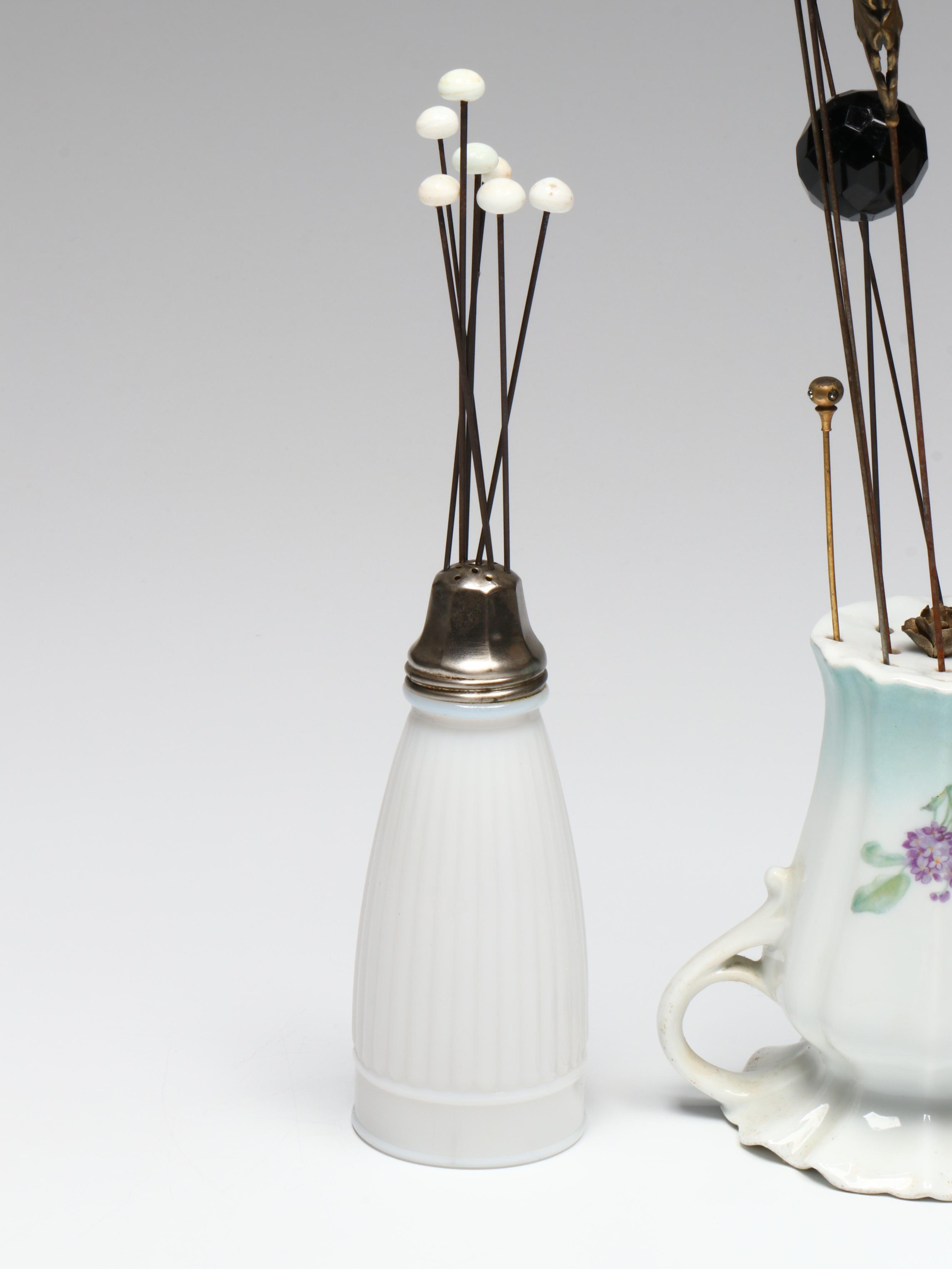 Art Nouveau and Late Victorian Hat Pins in Porcelain and Milk Glass Holders