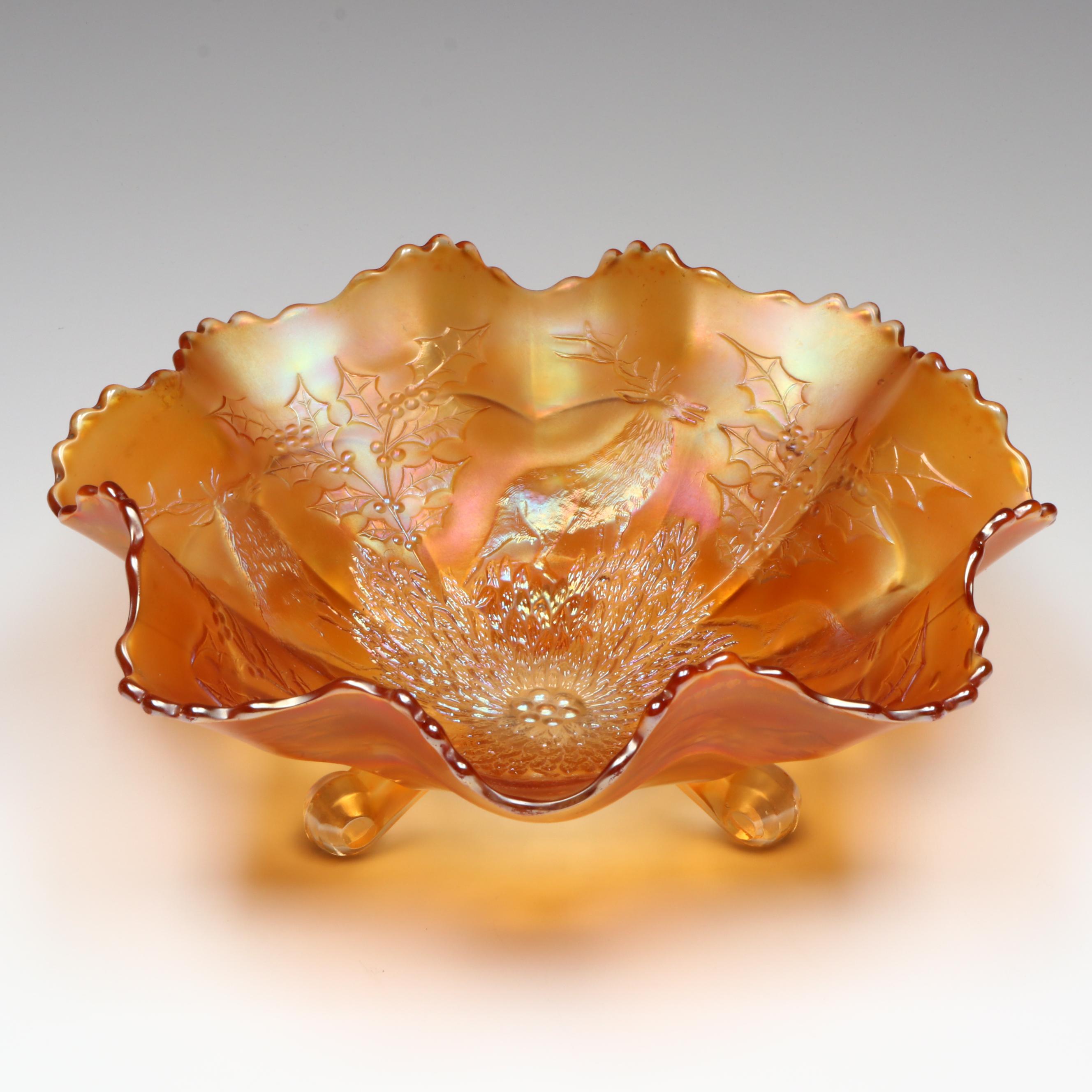 Iridescent Reindeer and Mistletoe Marigold Carnival Glass Footed Bowl