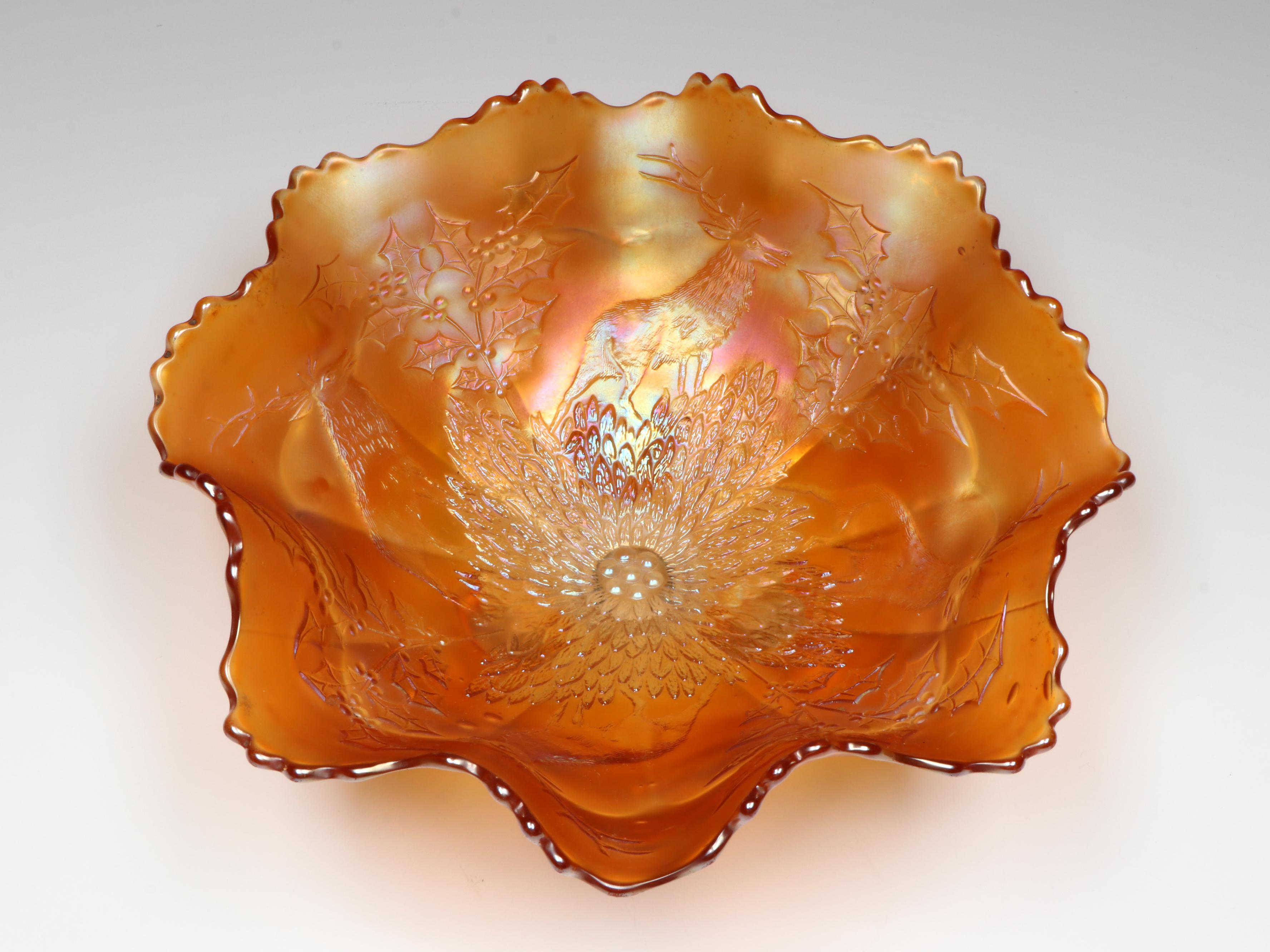 Iridescent Reindeer and Mistletoe Marigold Carnival Glass Footed Bowl