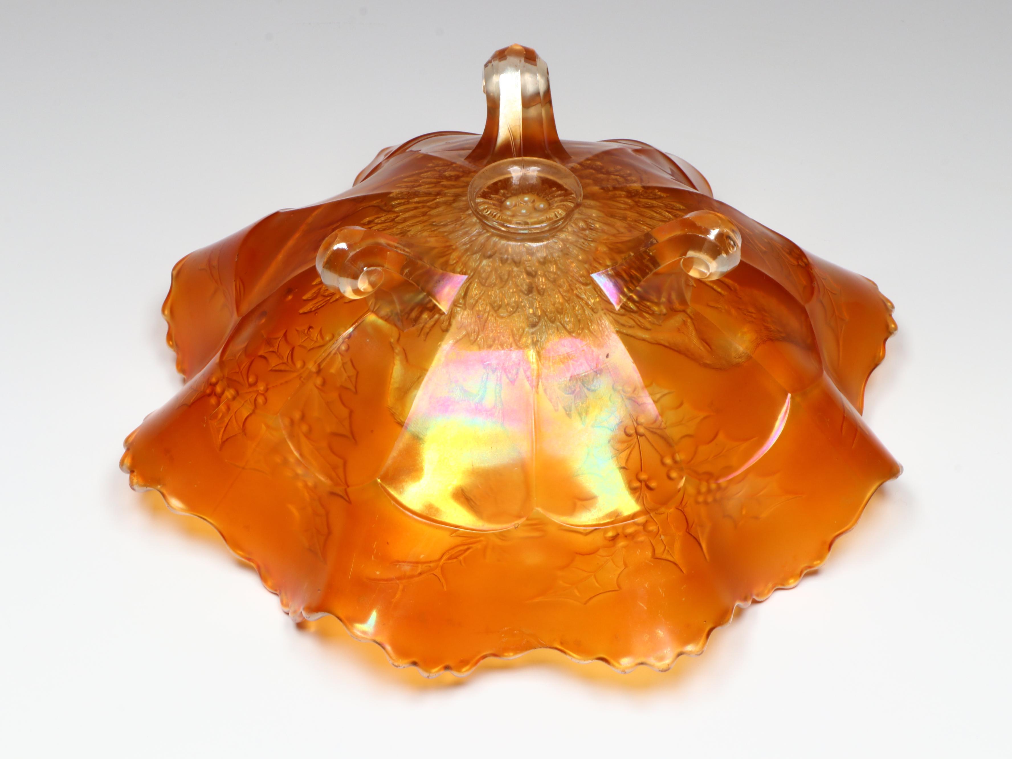 Iridescent Reindeer and Mistletoe Marigold Carnival Glass Footed Bowl