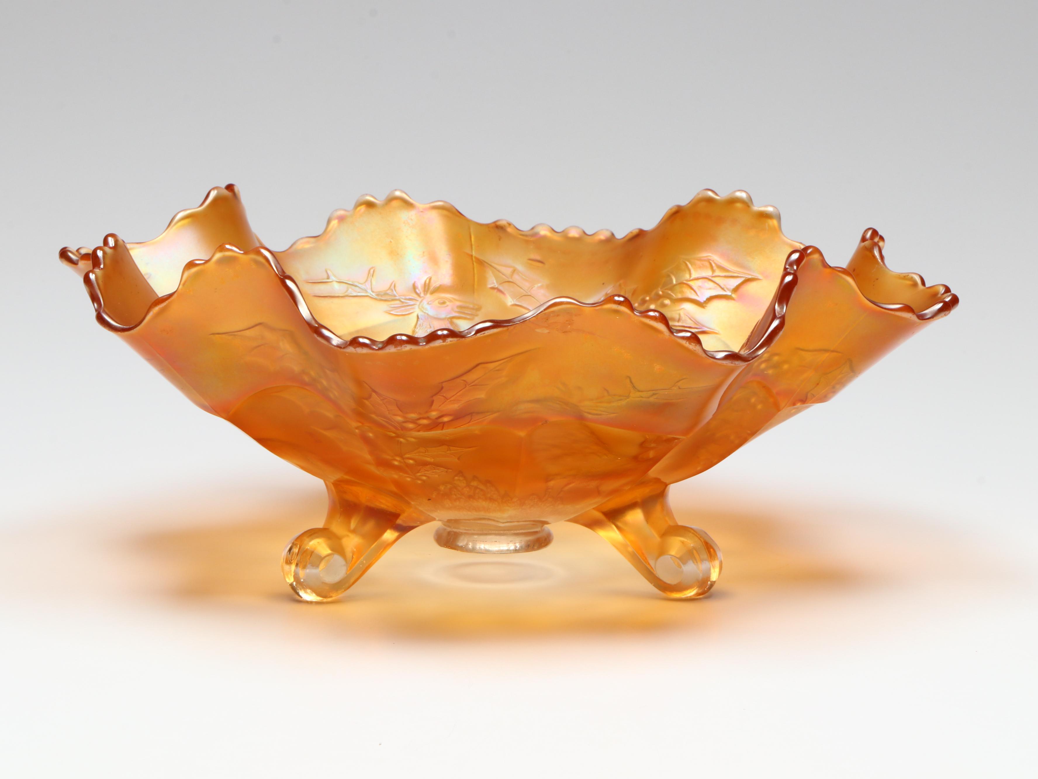 Iridescent Reindeer and Mistletoe Marigold Carnival Glass Footed Bowl