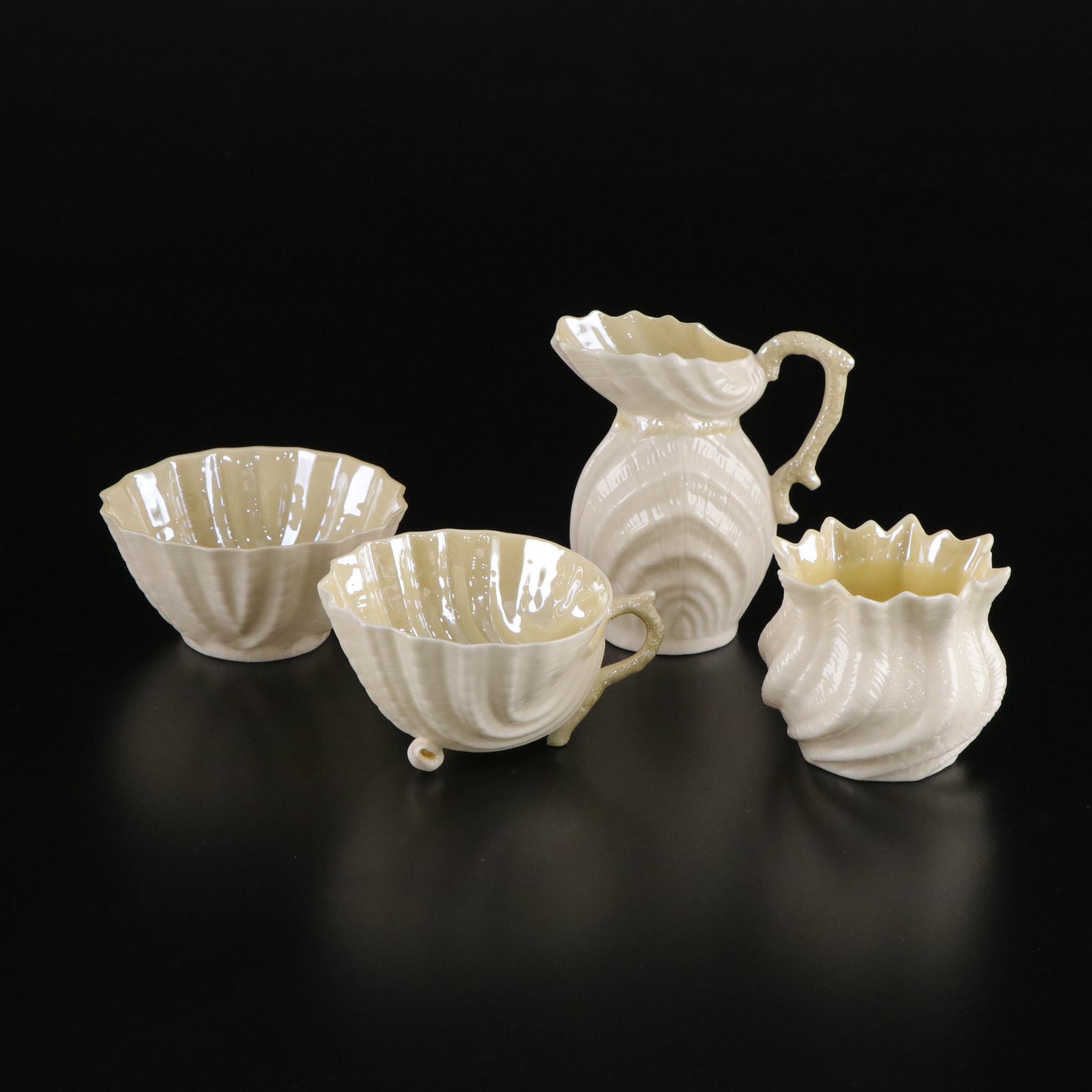 Belleek Porcelain "Neptune" Teacup, Creamer, Sugar, and Toothpick Holder