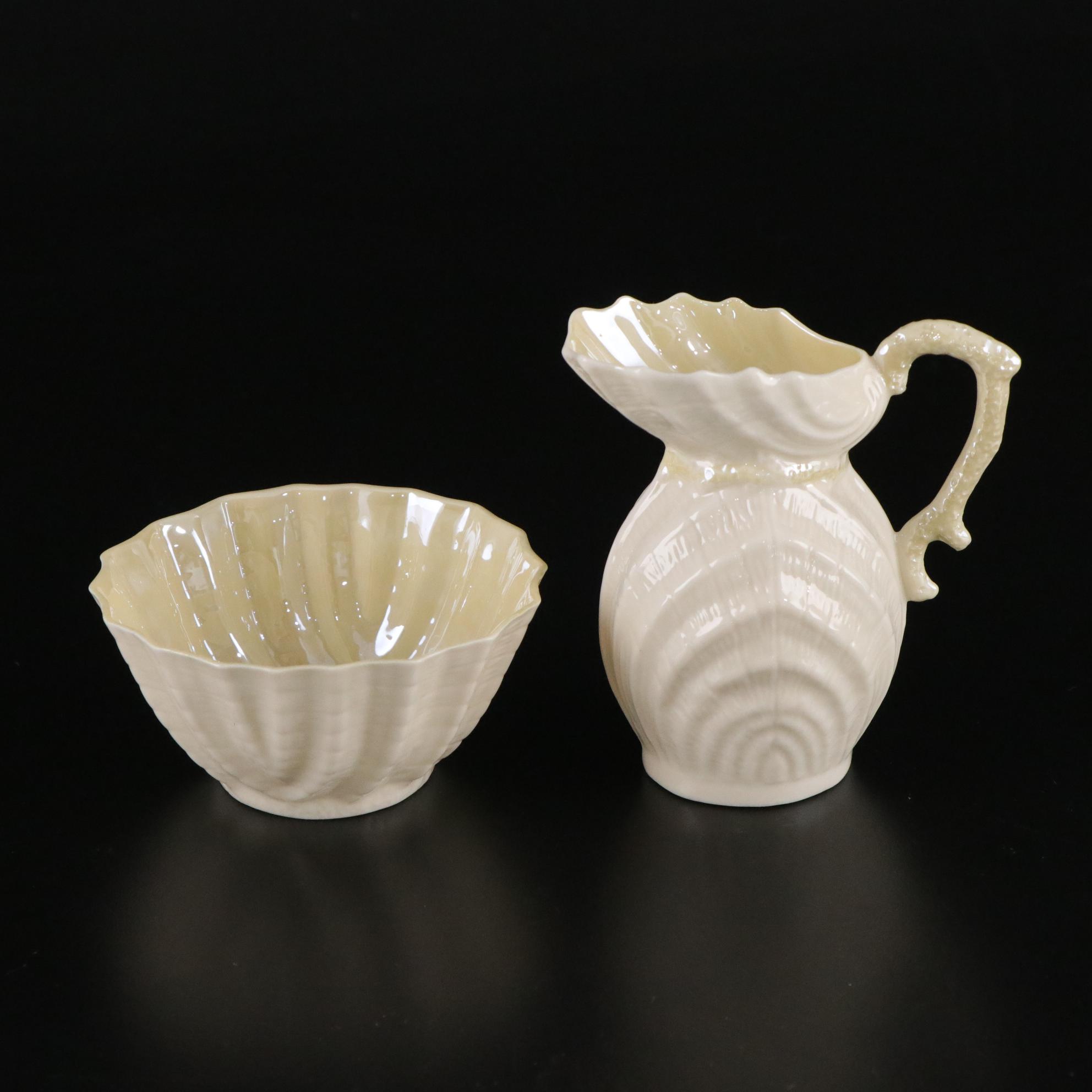 Belleek Porcelain "Neptune" Teacup, Creamer, Sugar, and Toothpick Holder