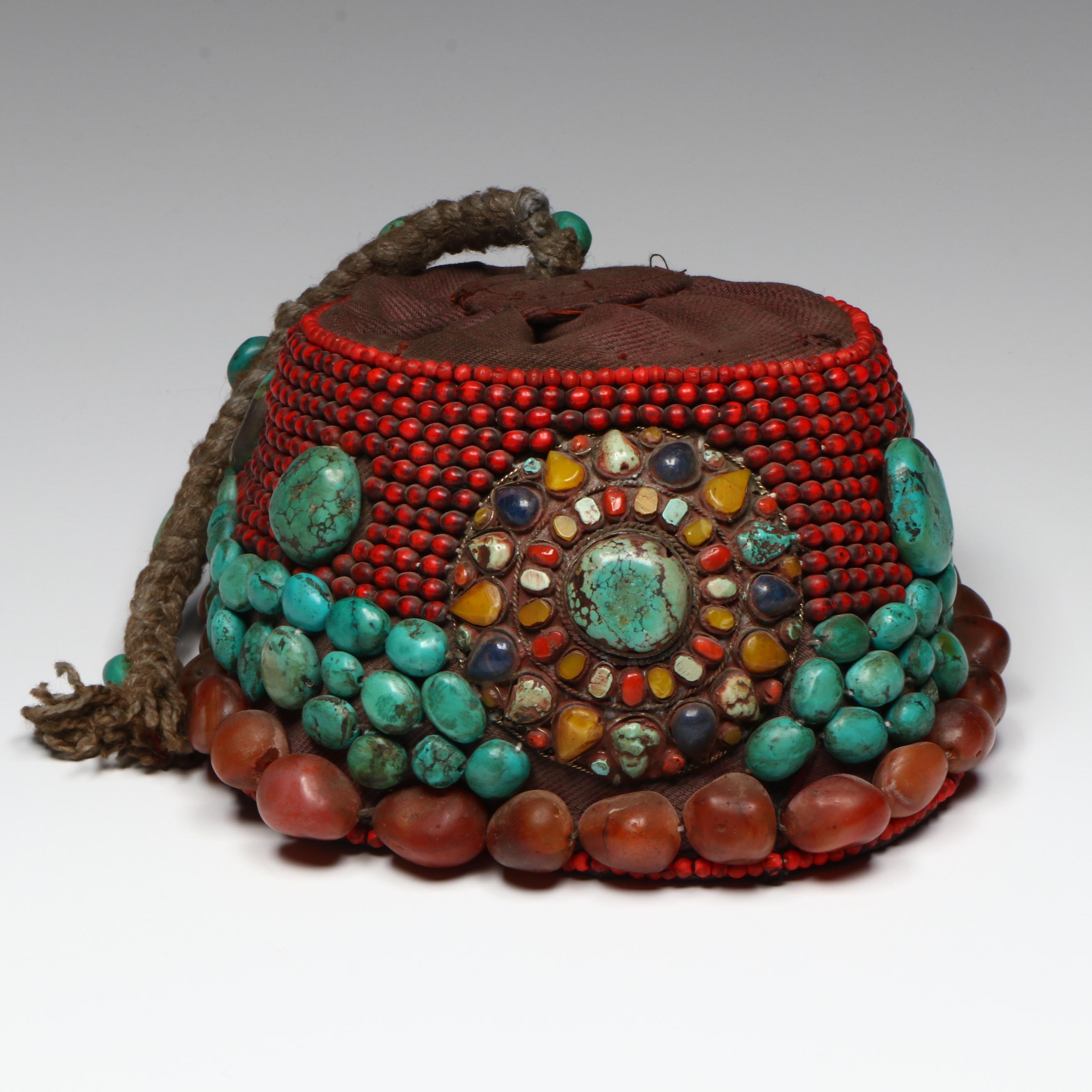 Handmade Tibetan Ceremonial Cap with Braided Hair, Carnelian and Turquoise Beads