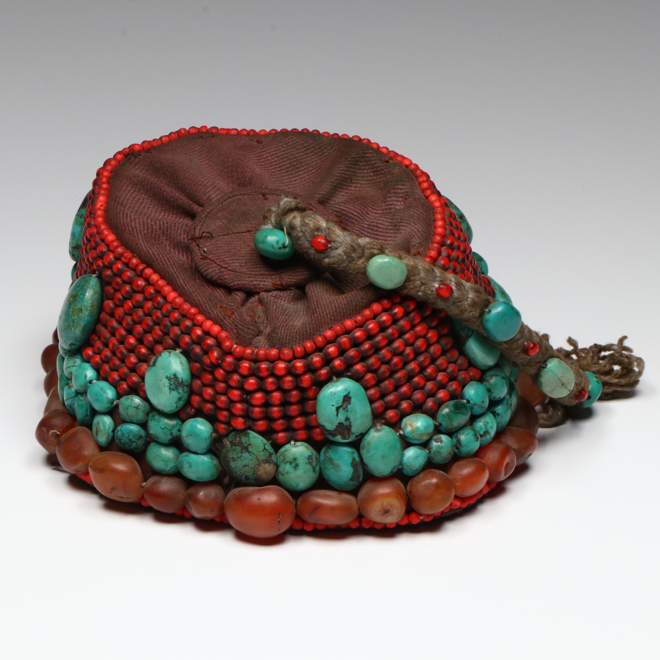 Handmade Tibetan Ceremonial Cap with Braided Hair, Carnelian and Turquoise Beads