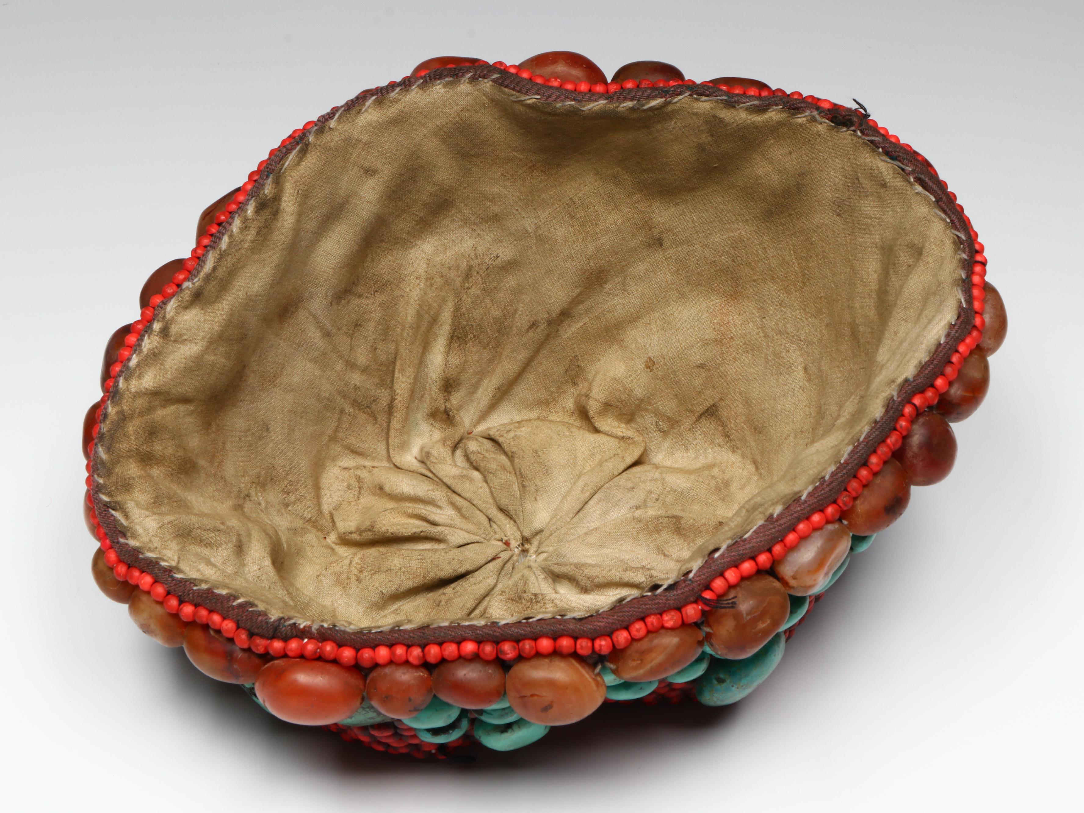 Handmade Tibetan Ceremonial Cap with Braided Hair, Carnelian and Turquoise Beads