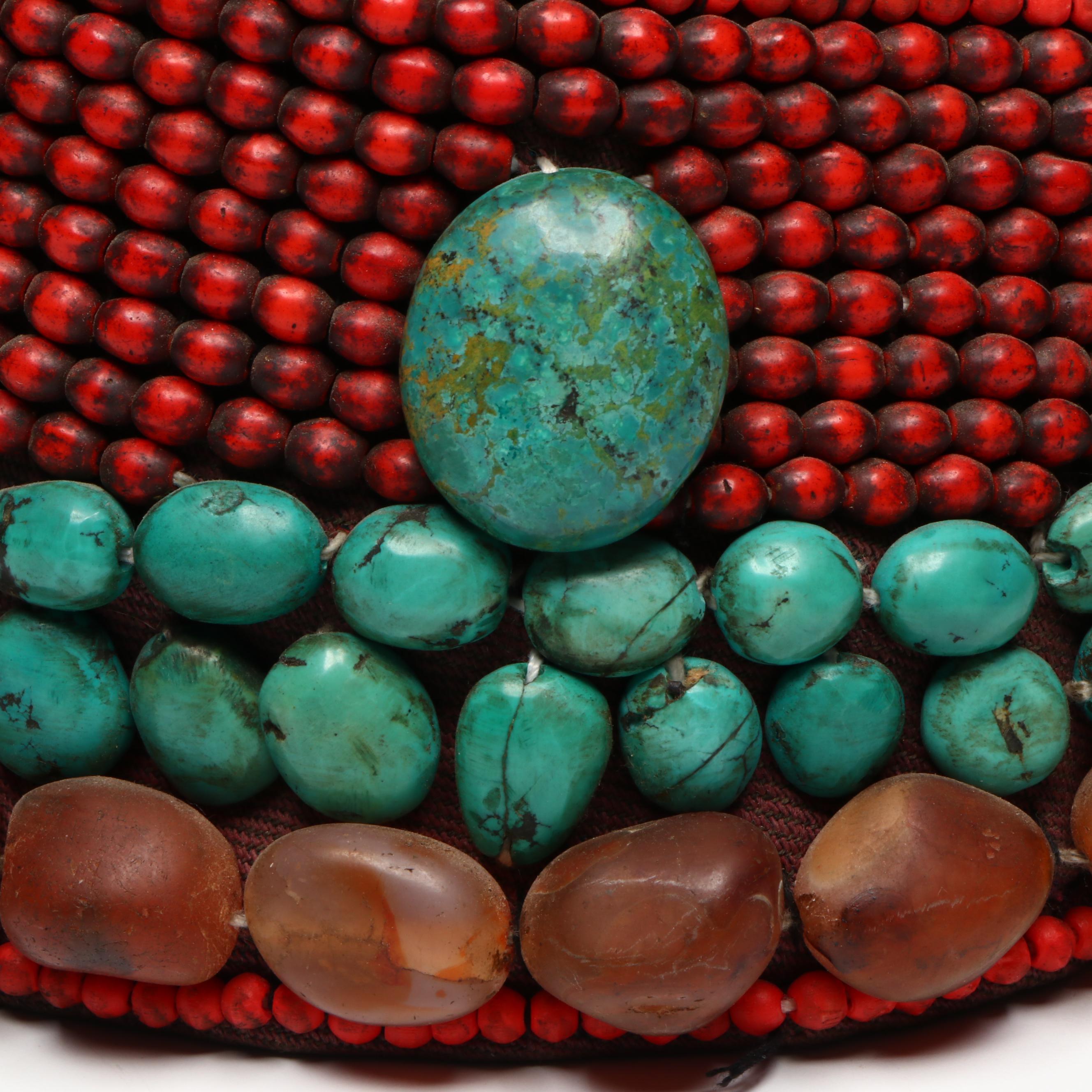 Handmade Tibetan Ceremonial Cap with Braided Hair, Carnelian and Turquoise Beads