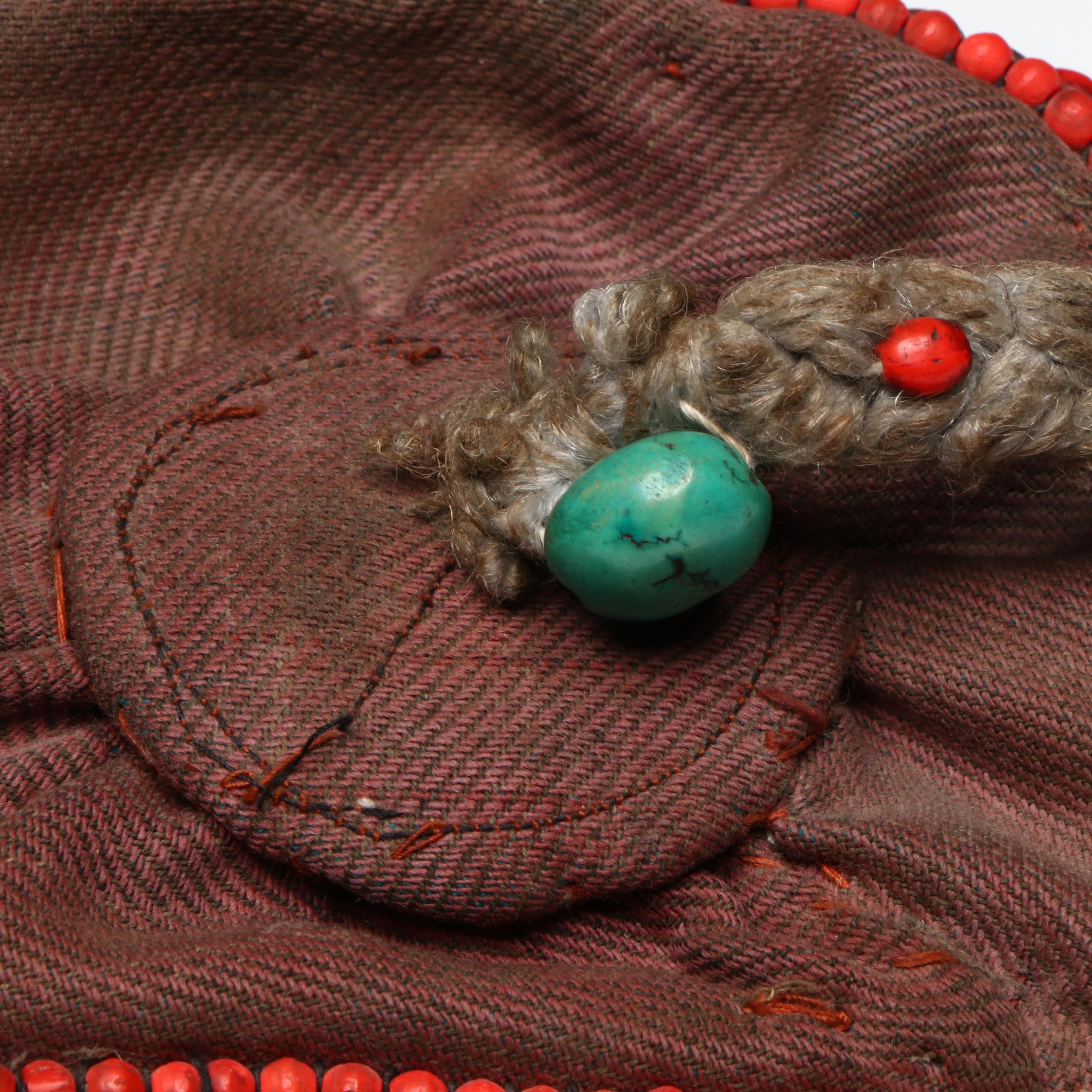 Handmade Tibetan Ceremonial Cap with Braided Hair, Carnelian and Turquoise Beads