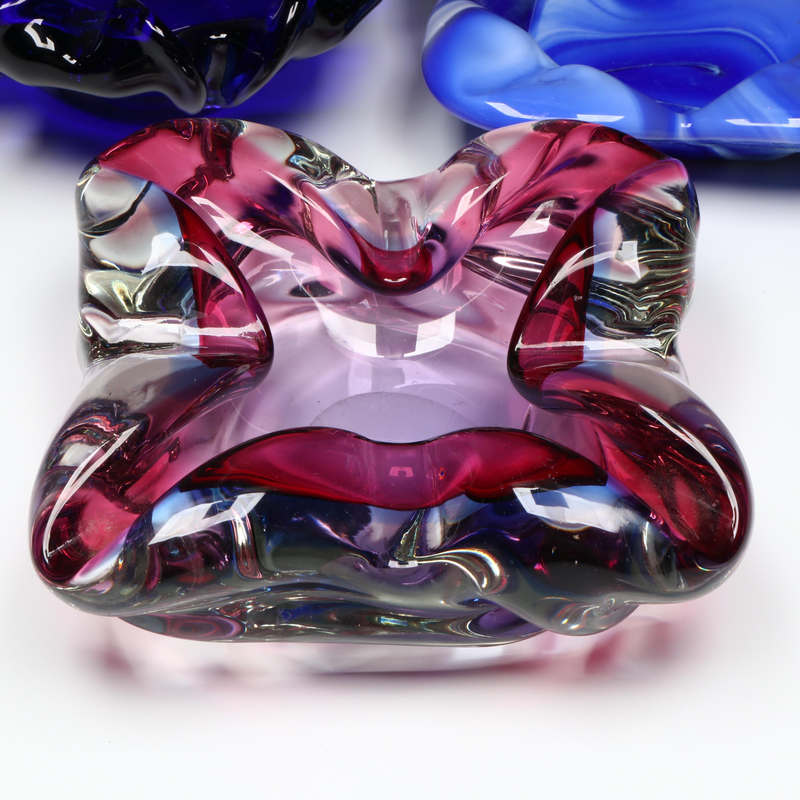 Cobalt Flower Shaped with Other Art Glass Bowls and Ashtray