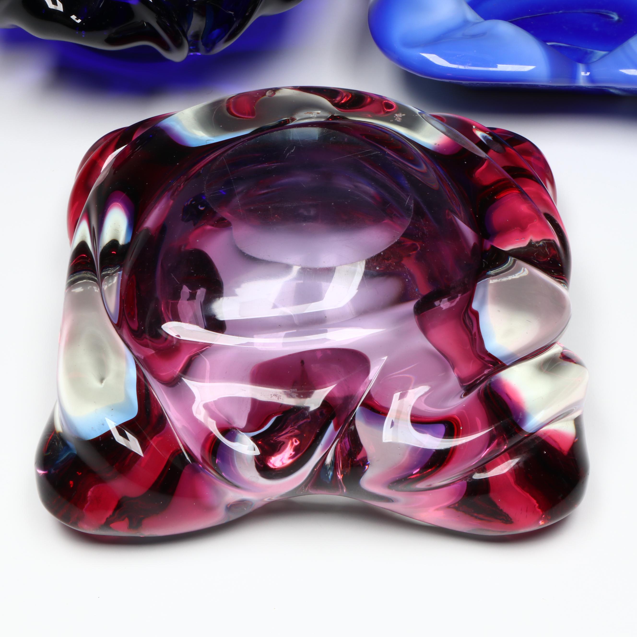 Cobalt Flower Shaped with Other Art Glass Bowls and Ashtray