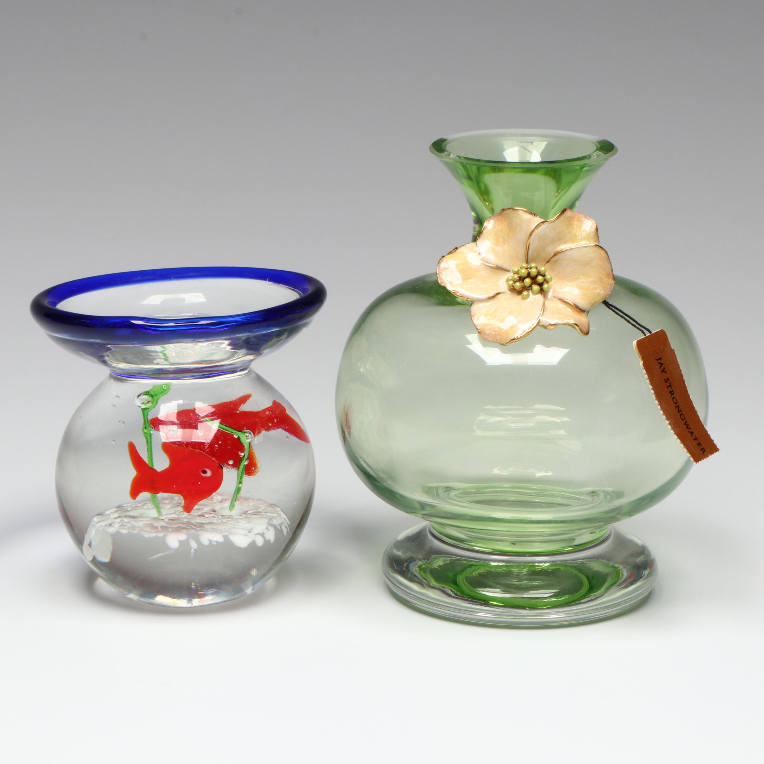 Jay Strongwater "Camellia" Vase with Murano Style Fishbowl Paperweight
