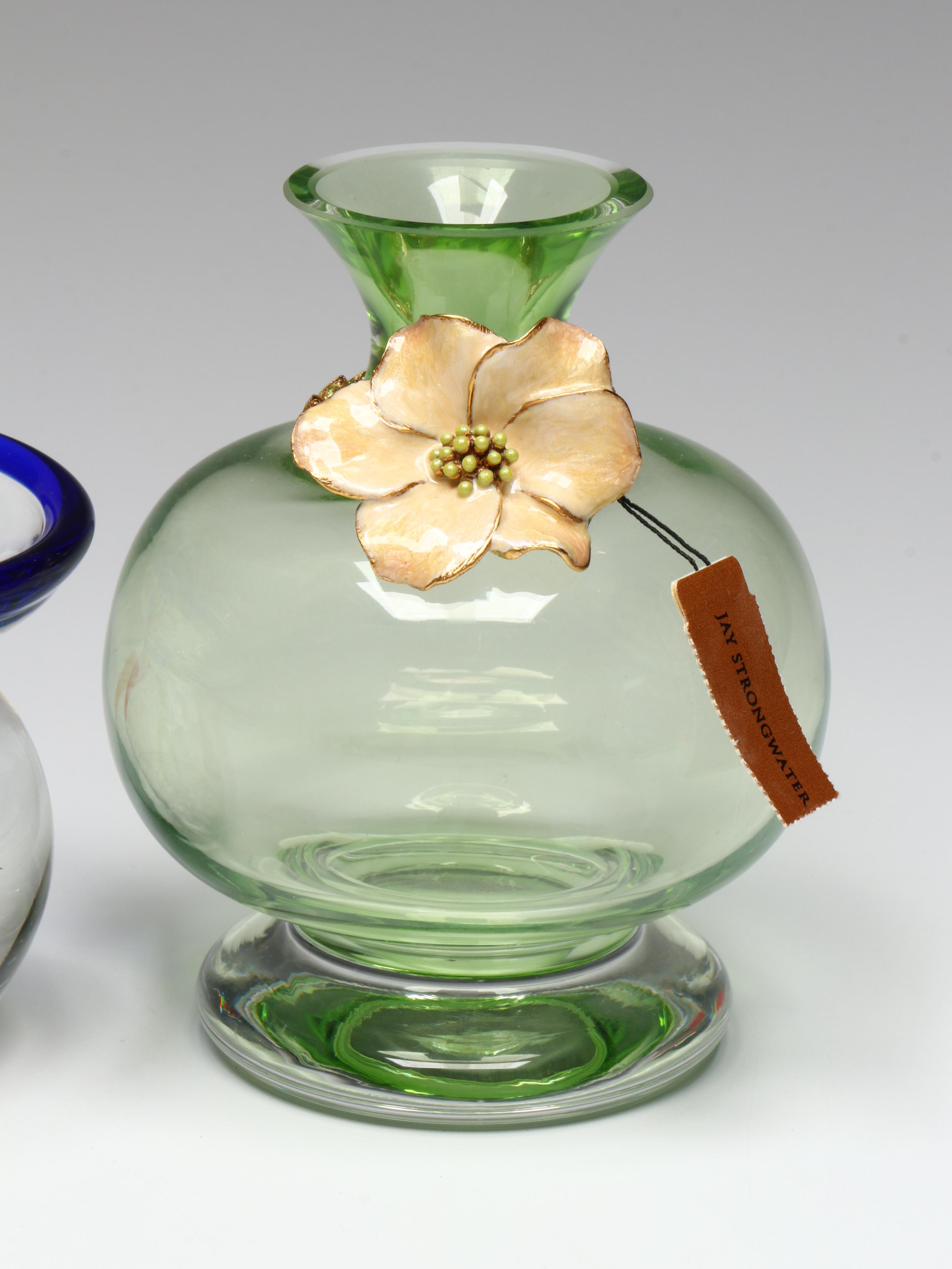 Jay Strongwater "Camellia" Vase with Murano Style Fishbowl Paperweight