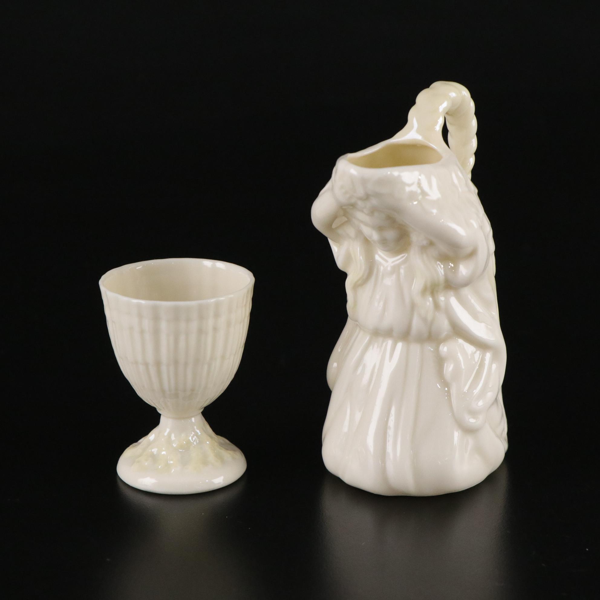 Belleek "Kneeling Girl" Creamer with "Limpet Yellow" and More Porcelain Pieces