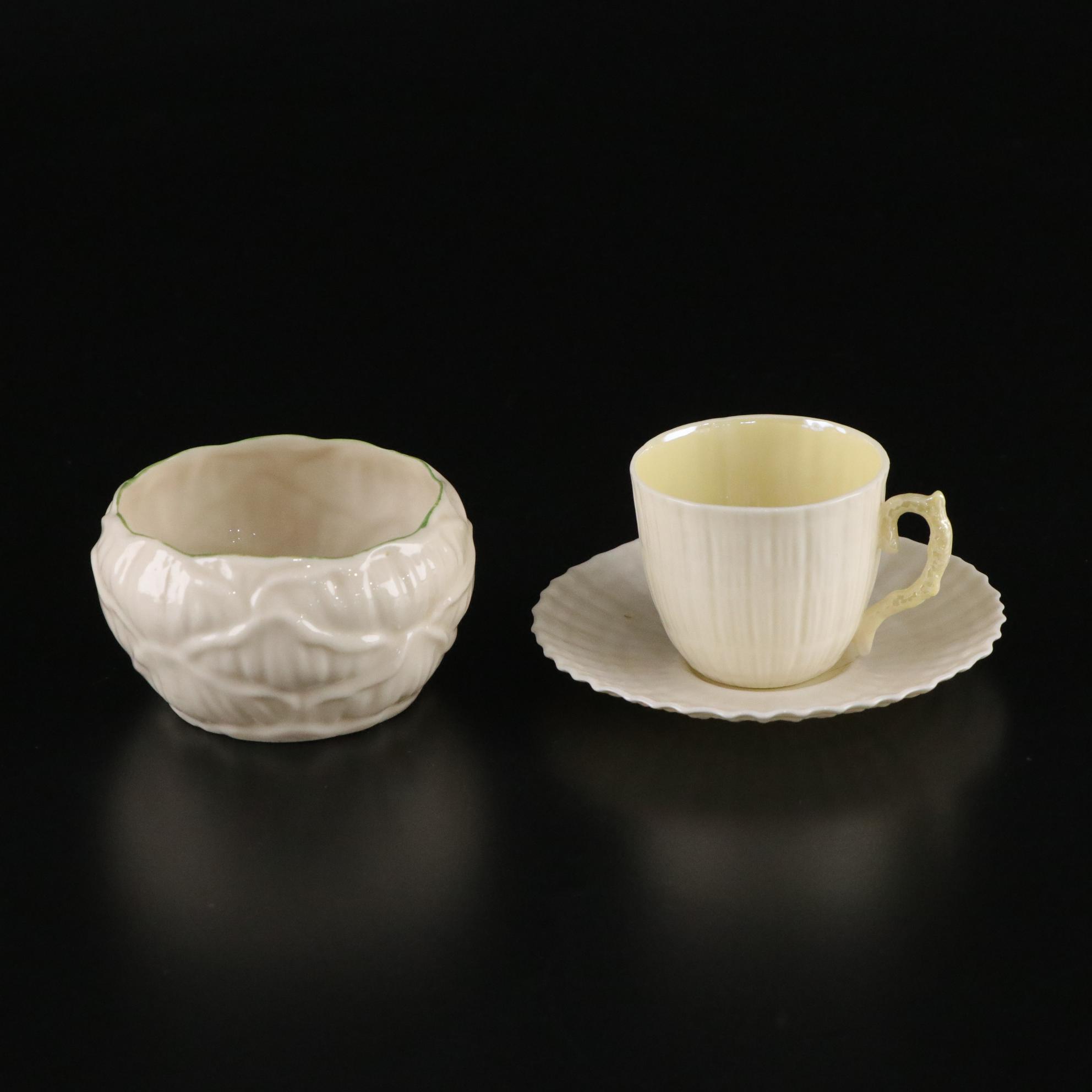 Belleek "Kneeling Girl" Creamer with "Limpet Yellow" and More Porcelain Pieces