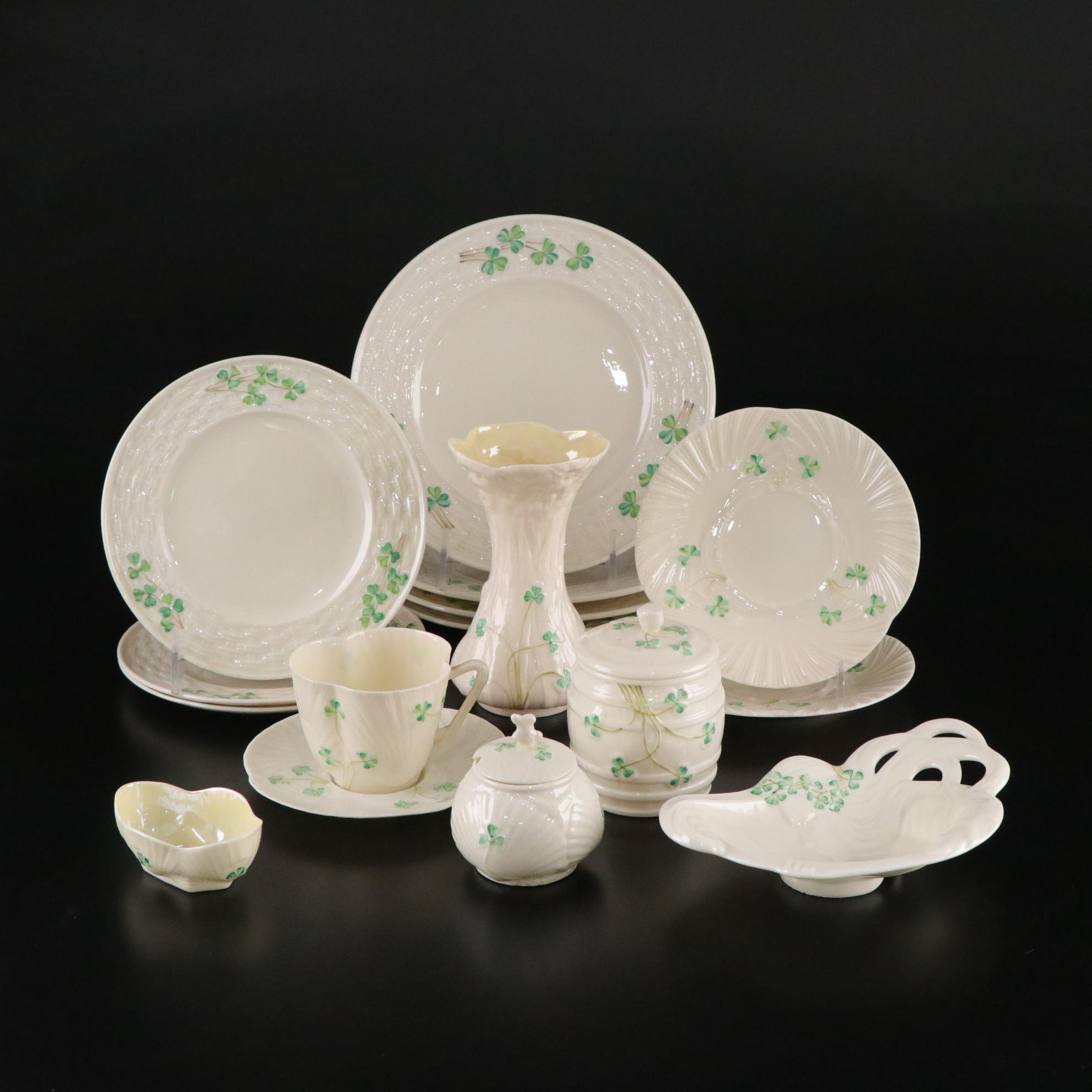 Belleek "Shamrock" Dinnerware and a Vase, Mid to Late 20th Century