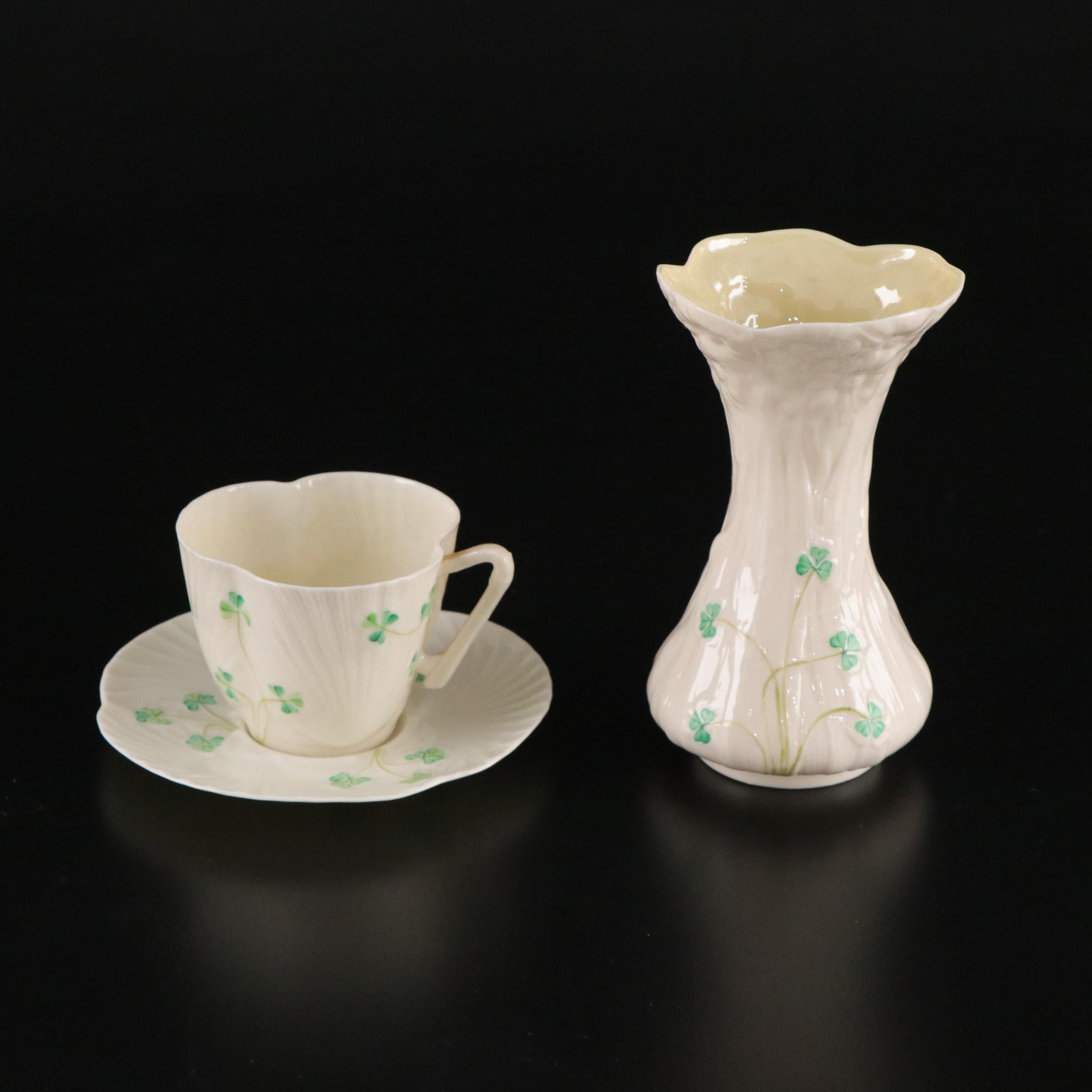 Belleek "Shamrock" Dinnerware and a Vase, Mid to Late 20th Century