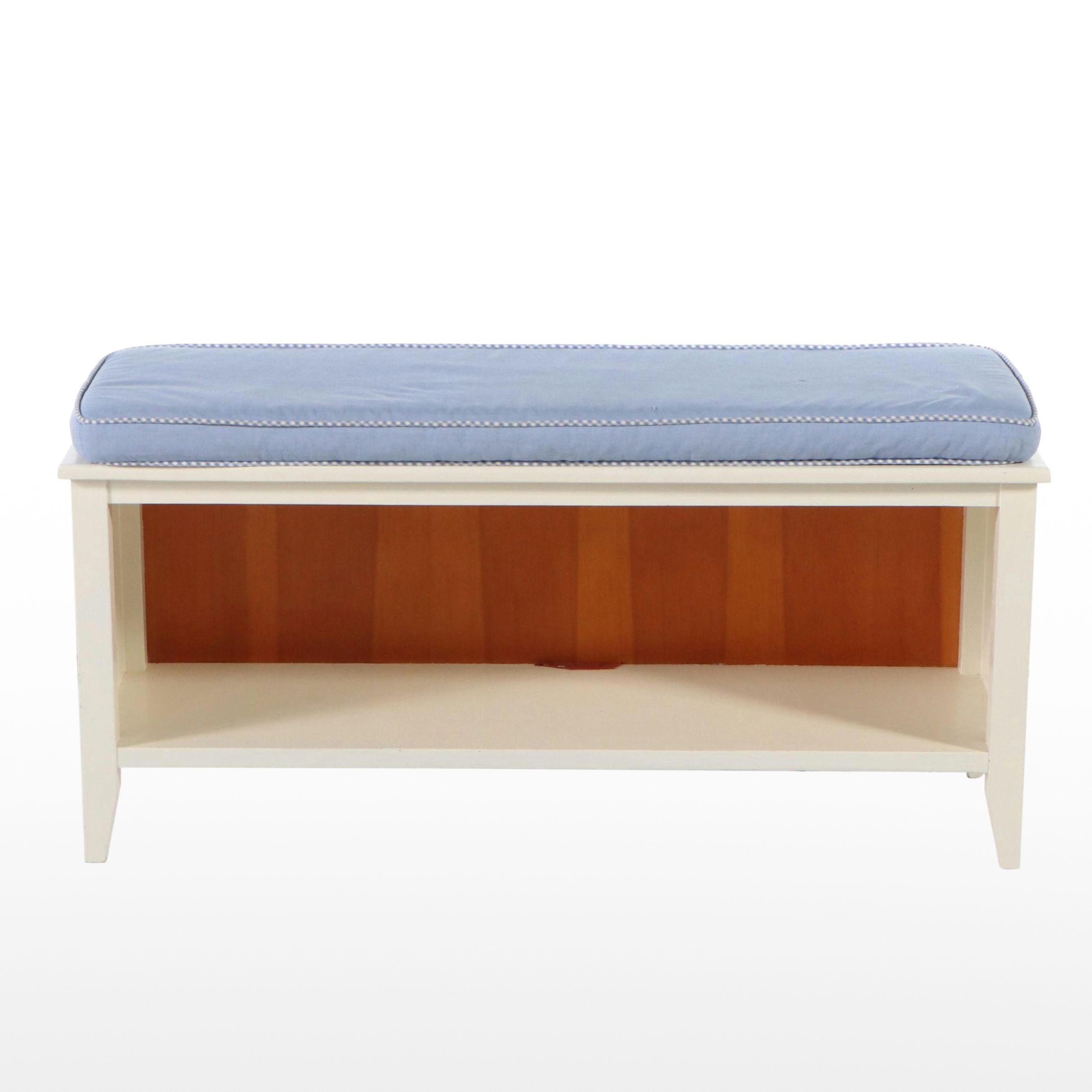 Contemporary White Painted Wood Bench with Cushion