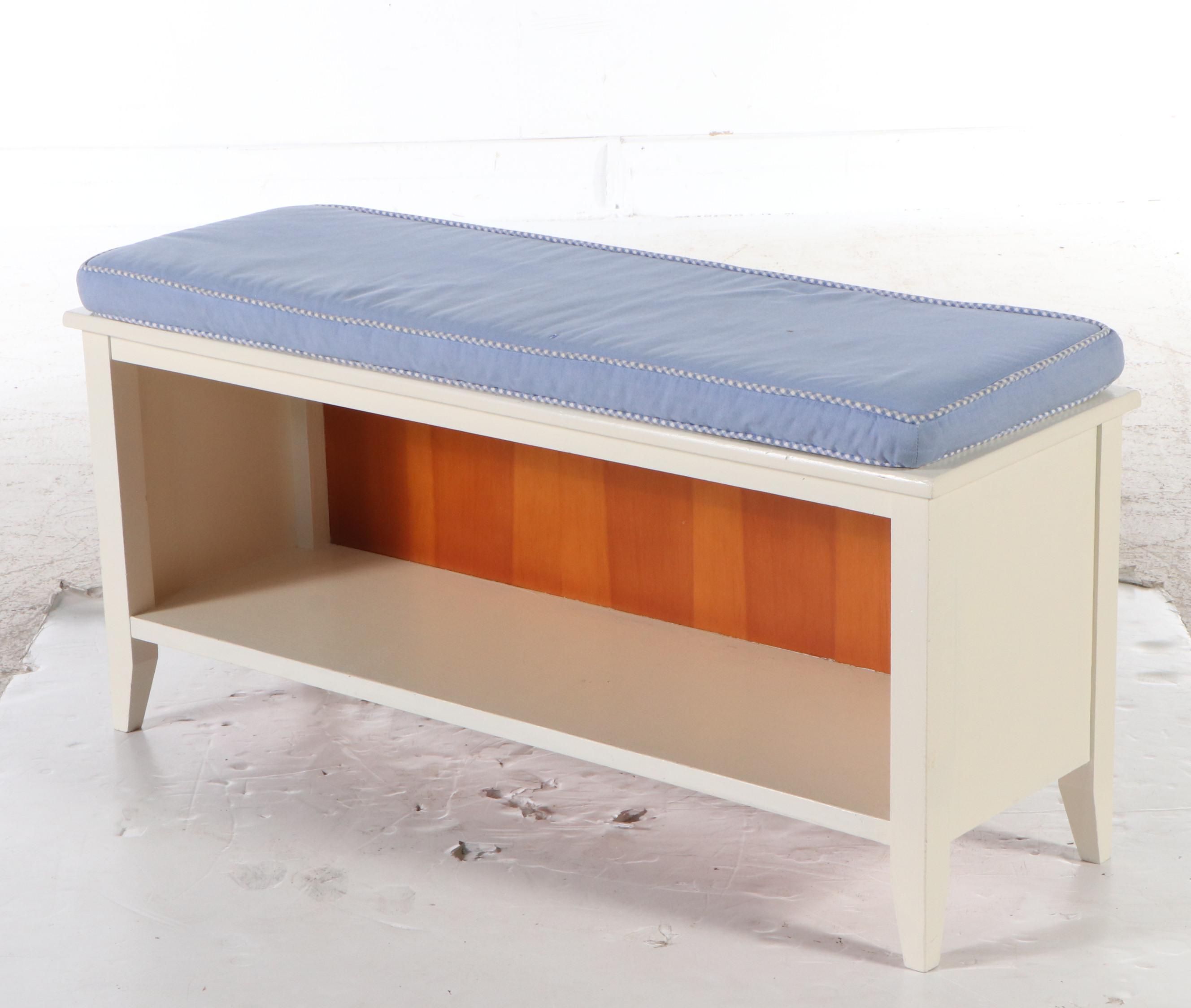 Contemporary White Painted Wood Bench with Cushion