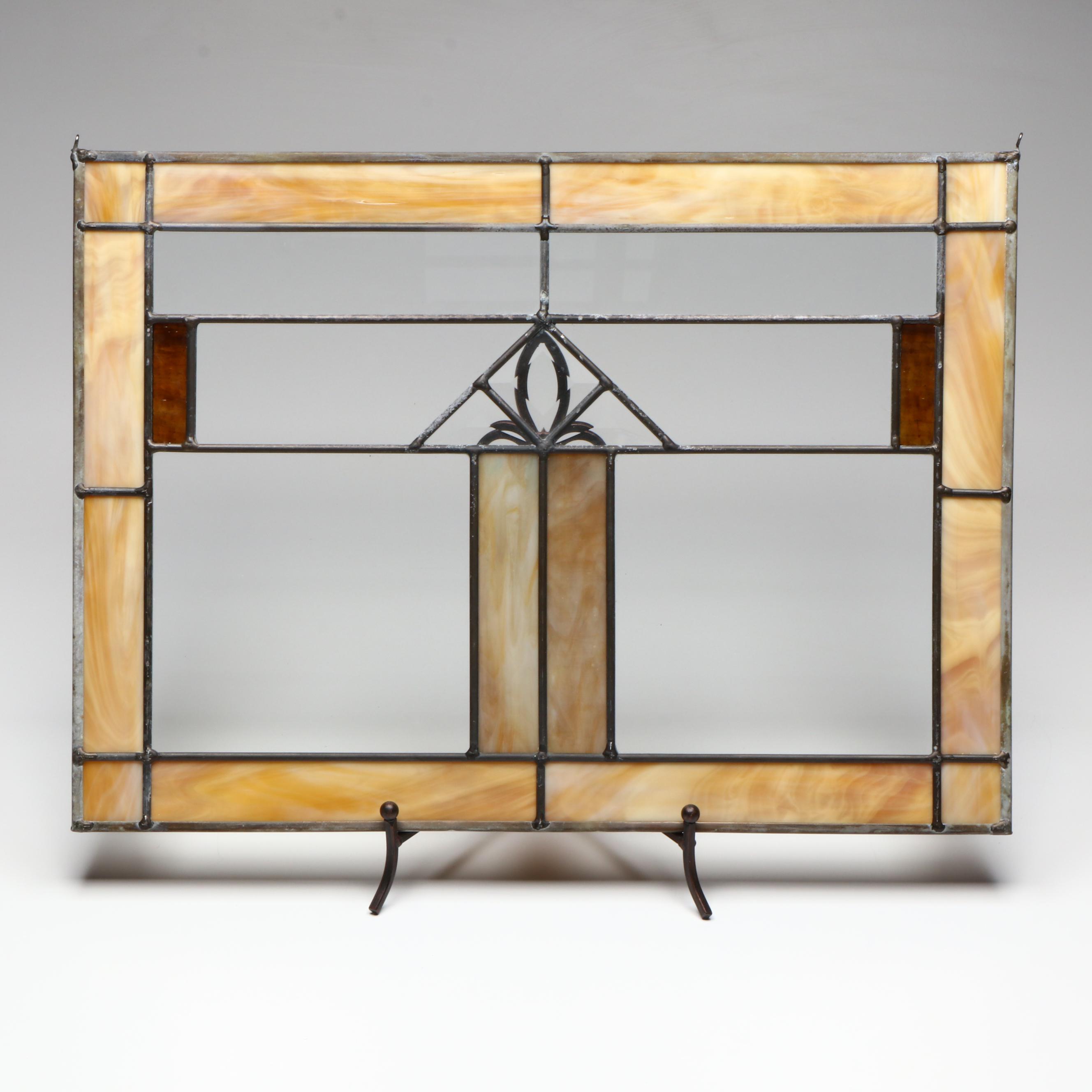 Arts and Crafts Style Stained Glass Panel with Hanging Rings and Display Stand