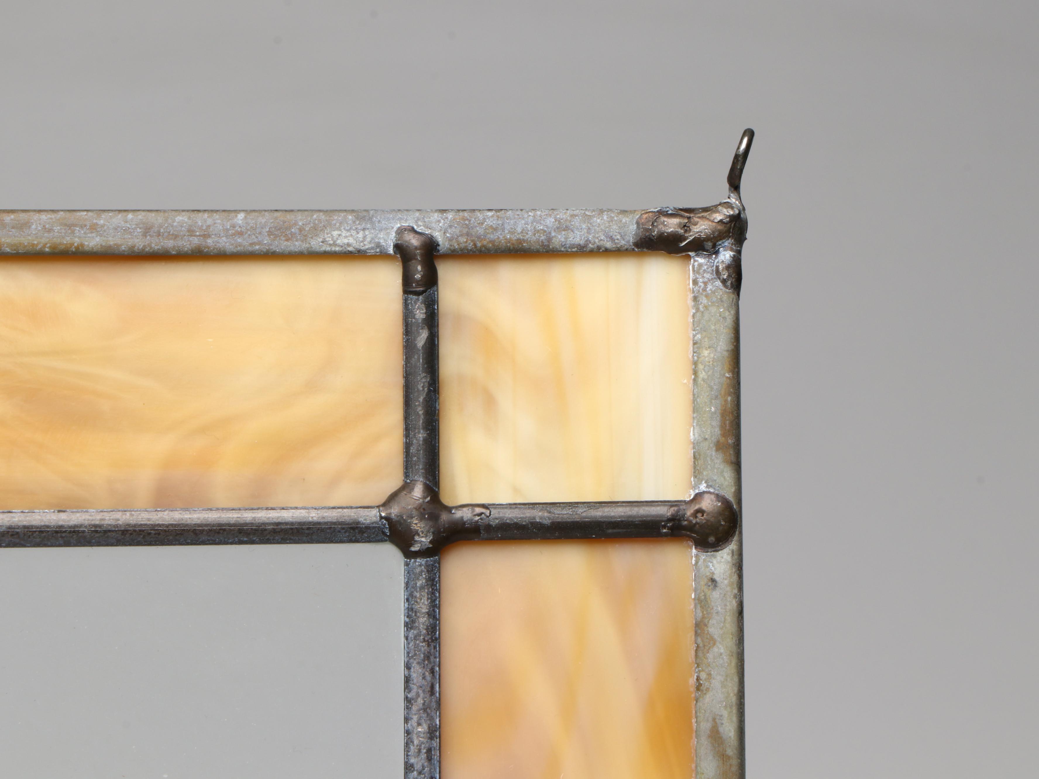 Arts and Crafts Style Stained Glass Panel with Hanging Rings and Display Stand