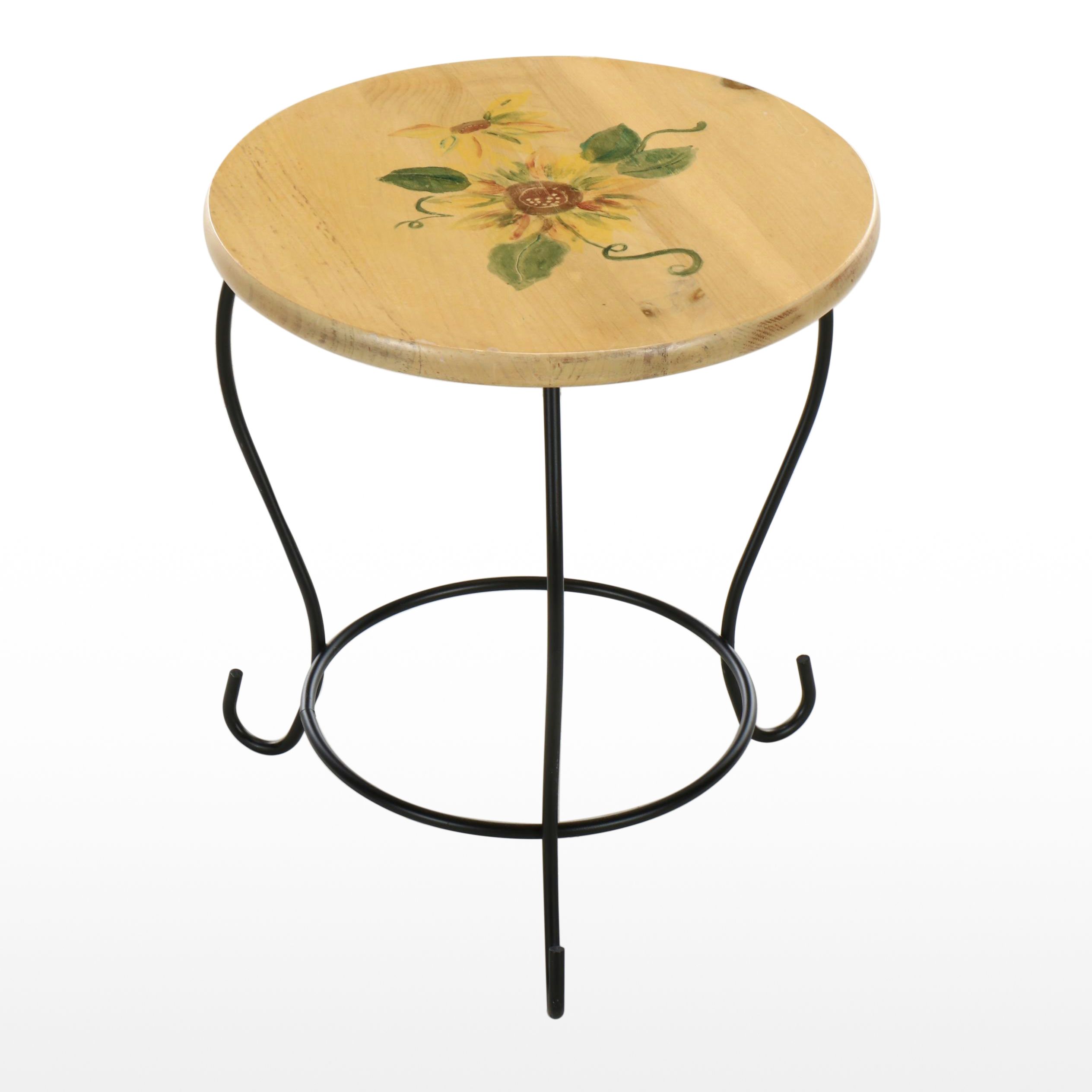Metal and Pine Accent Table with Hand-Painted Sunflower