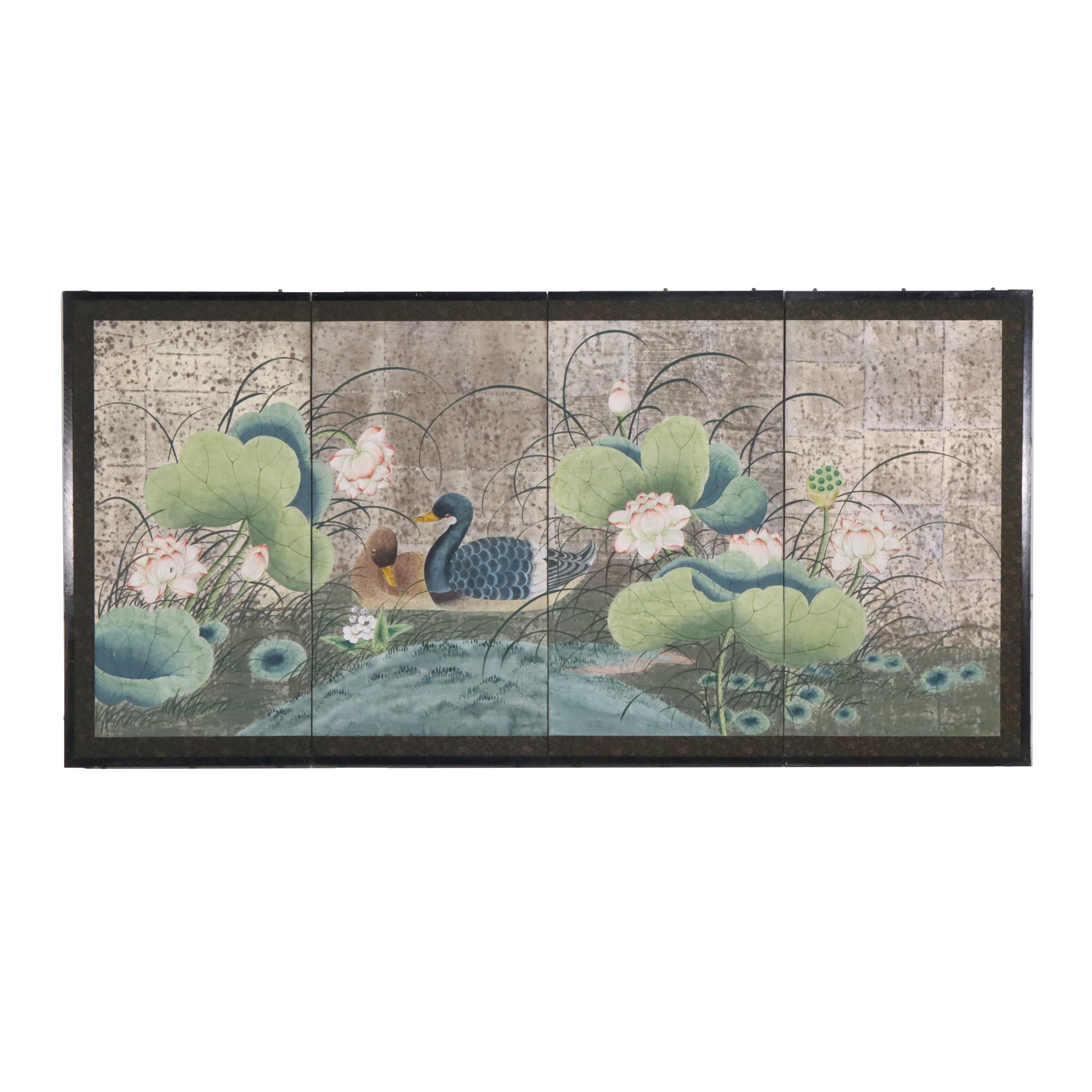 Chinese Style Hand-Painted Duck Pond Four-Panel Screen