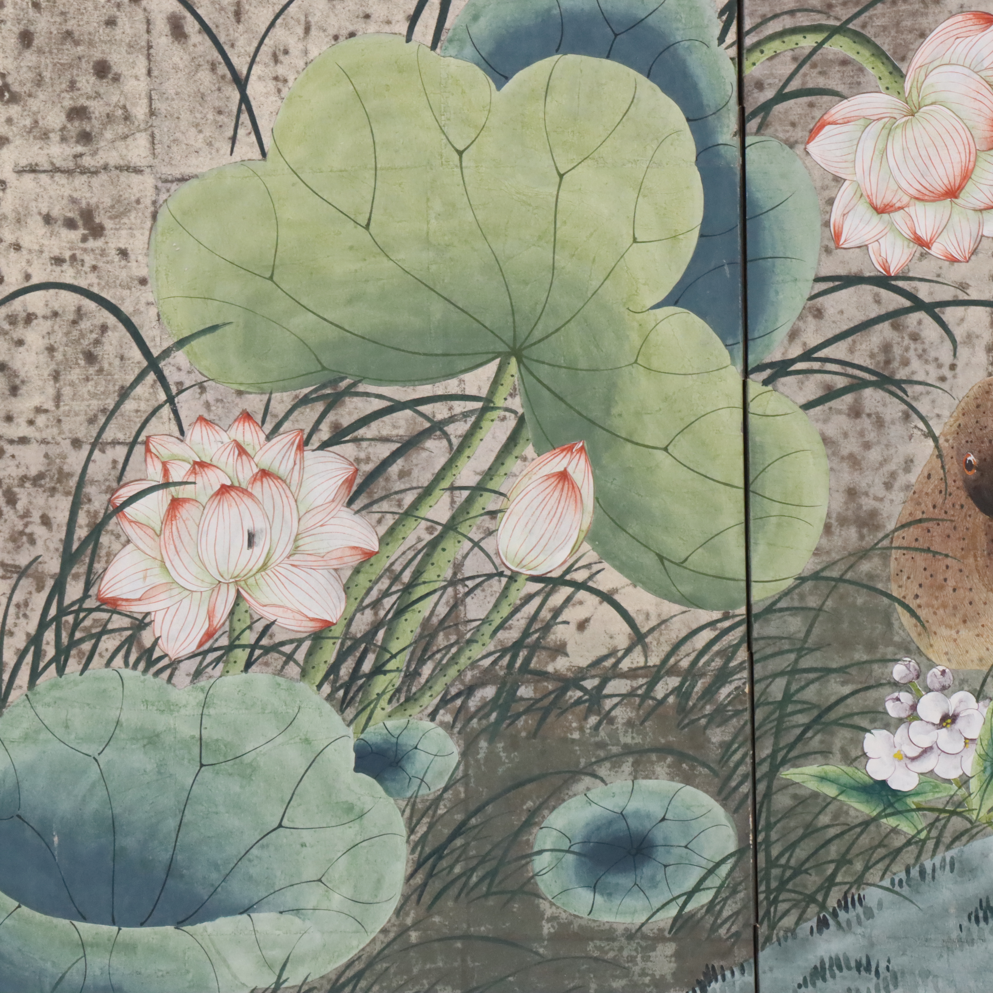 Chinese Style Hand-Painted Duck Pond Four-Panel Screen