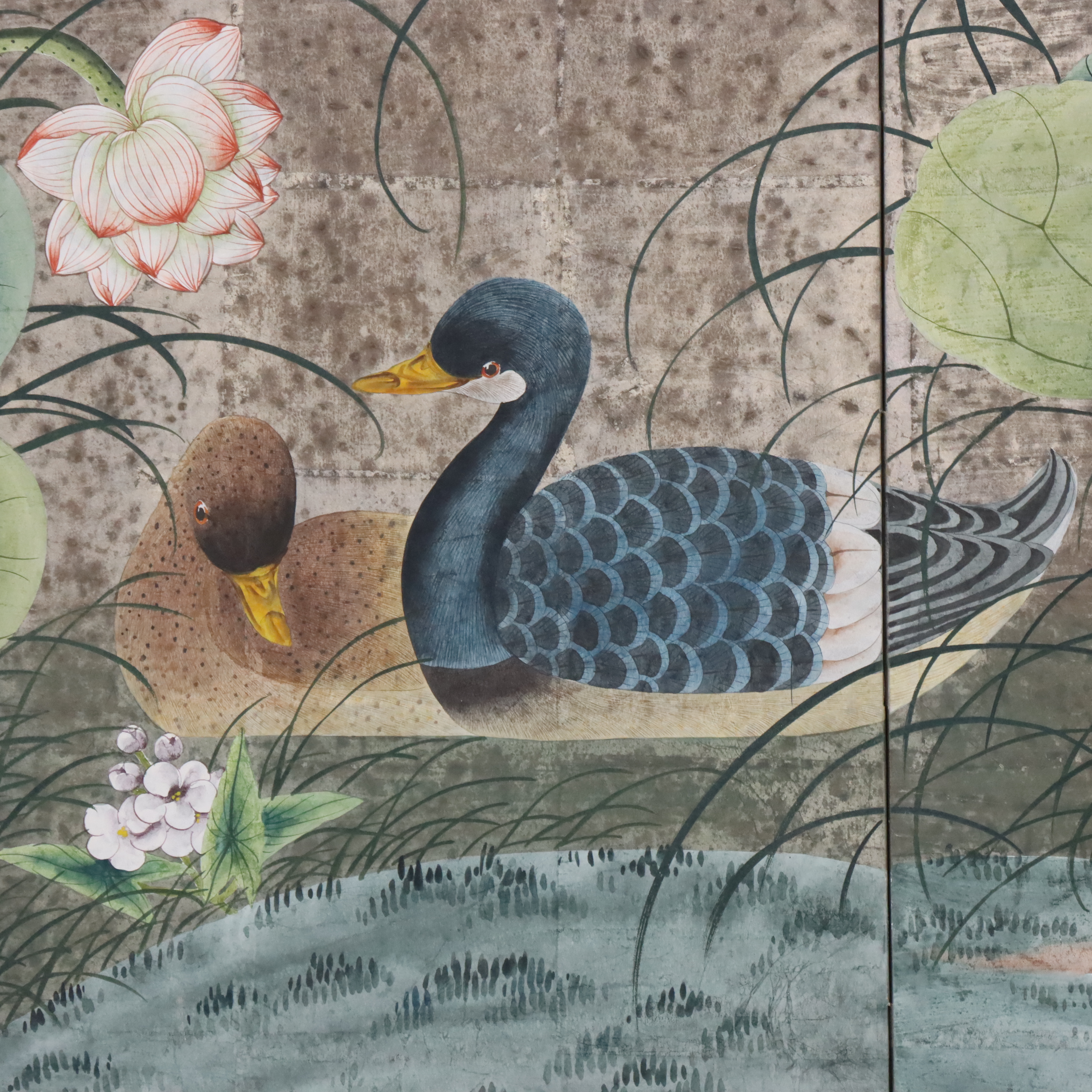 Chinese Style Hand-Painted Duck Pond Four-Panel Screen