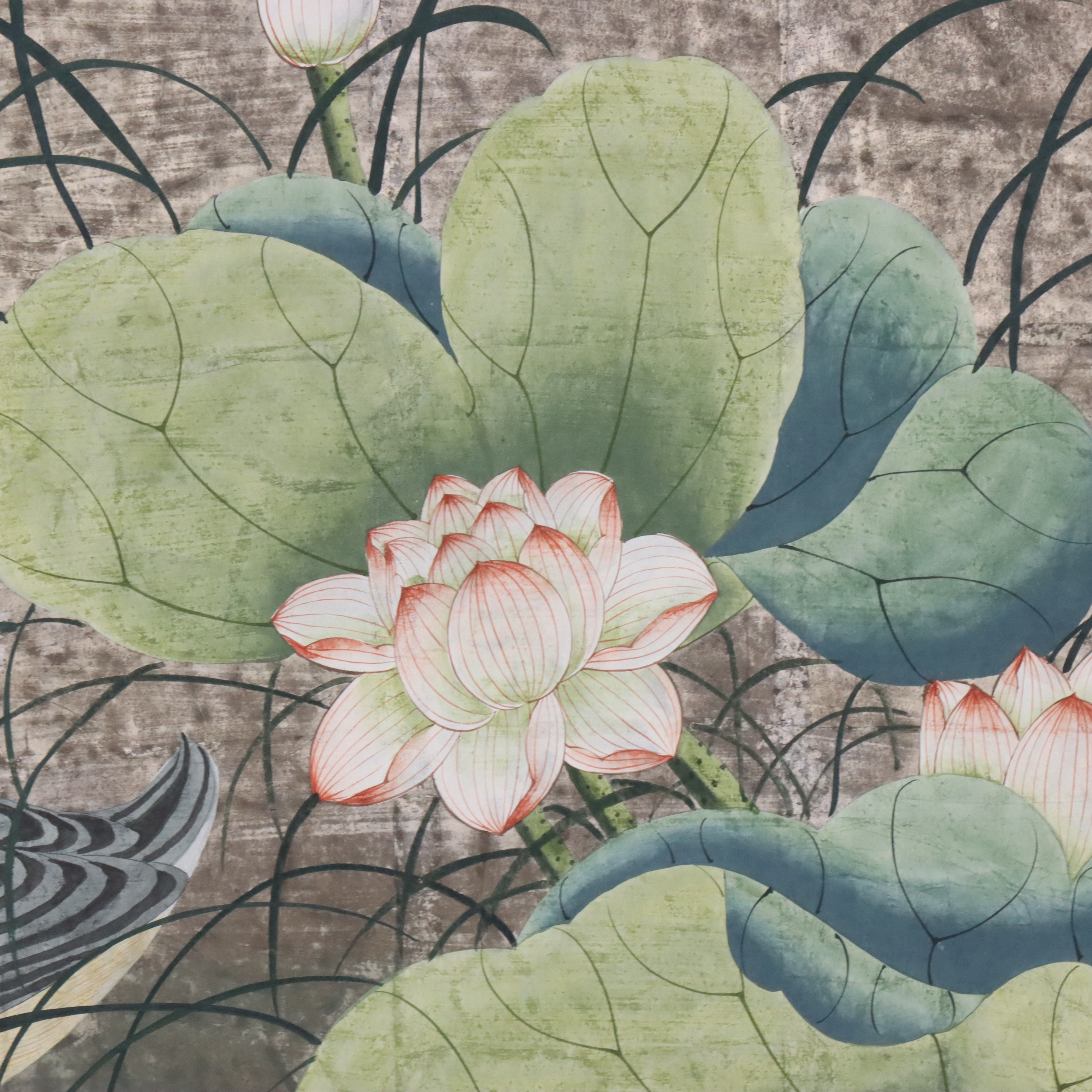 Chinese Style Hand-Painted Duck Pond Four-Panel Screen