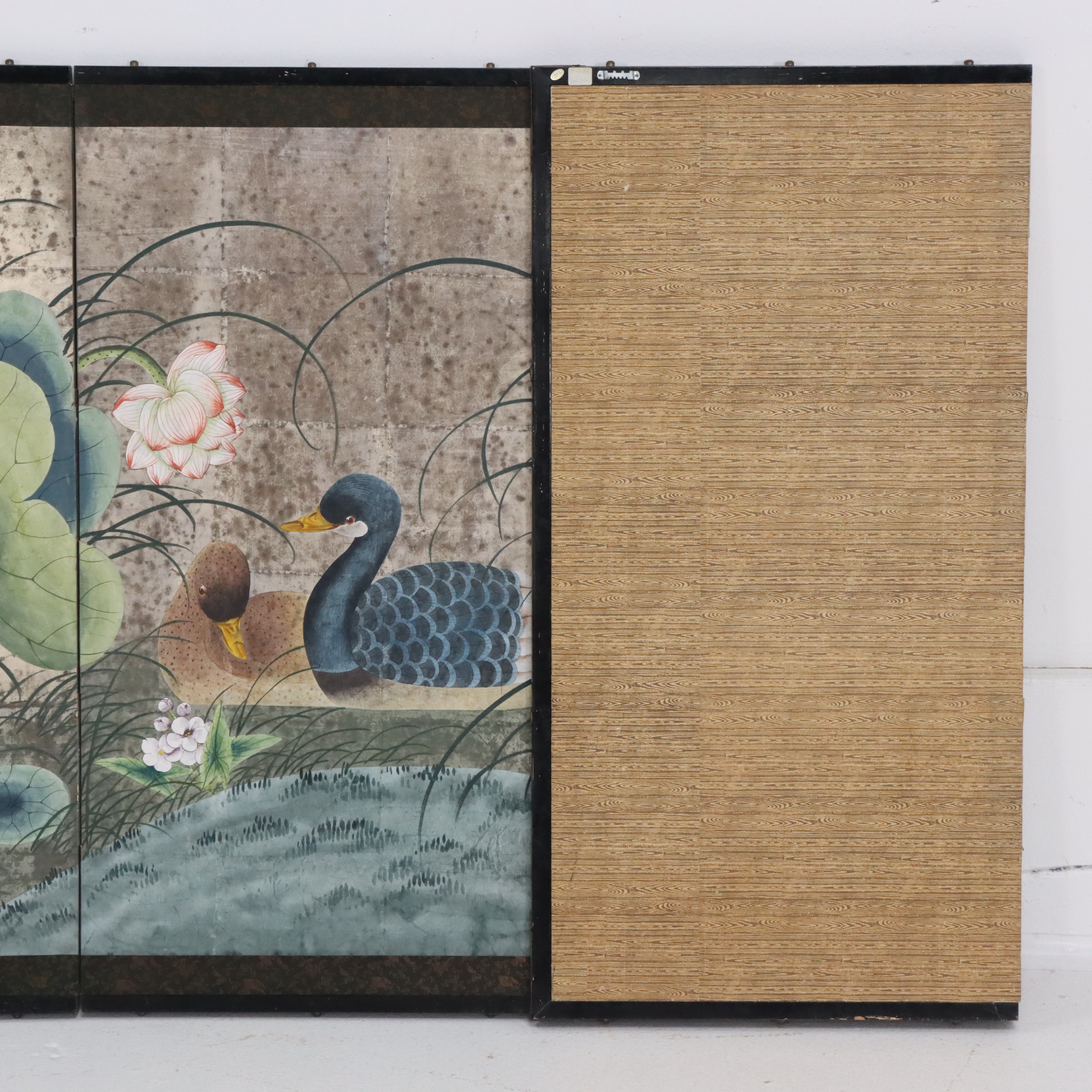 Chinese Style Hand-Painted Duck Pond Four-Panel Screen