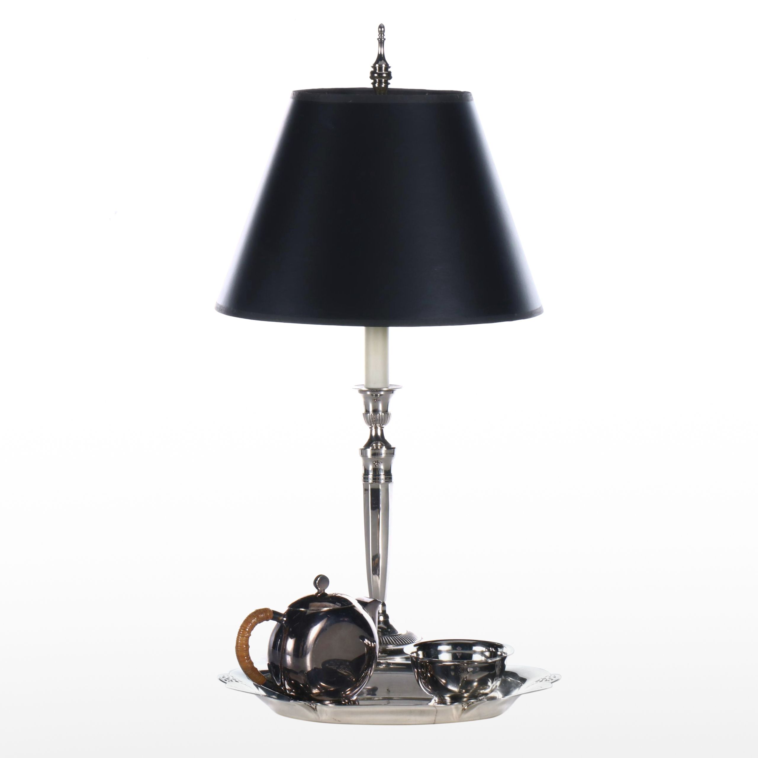 Paul Revere Silver Plate Bowl and Other Silver Plate Serveware with Metal Lamp