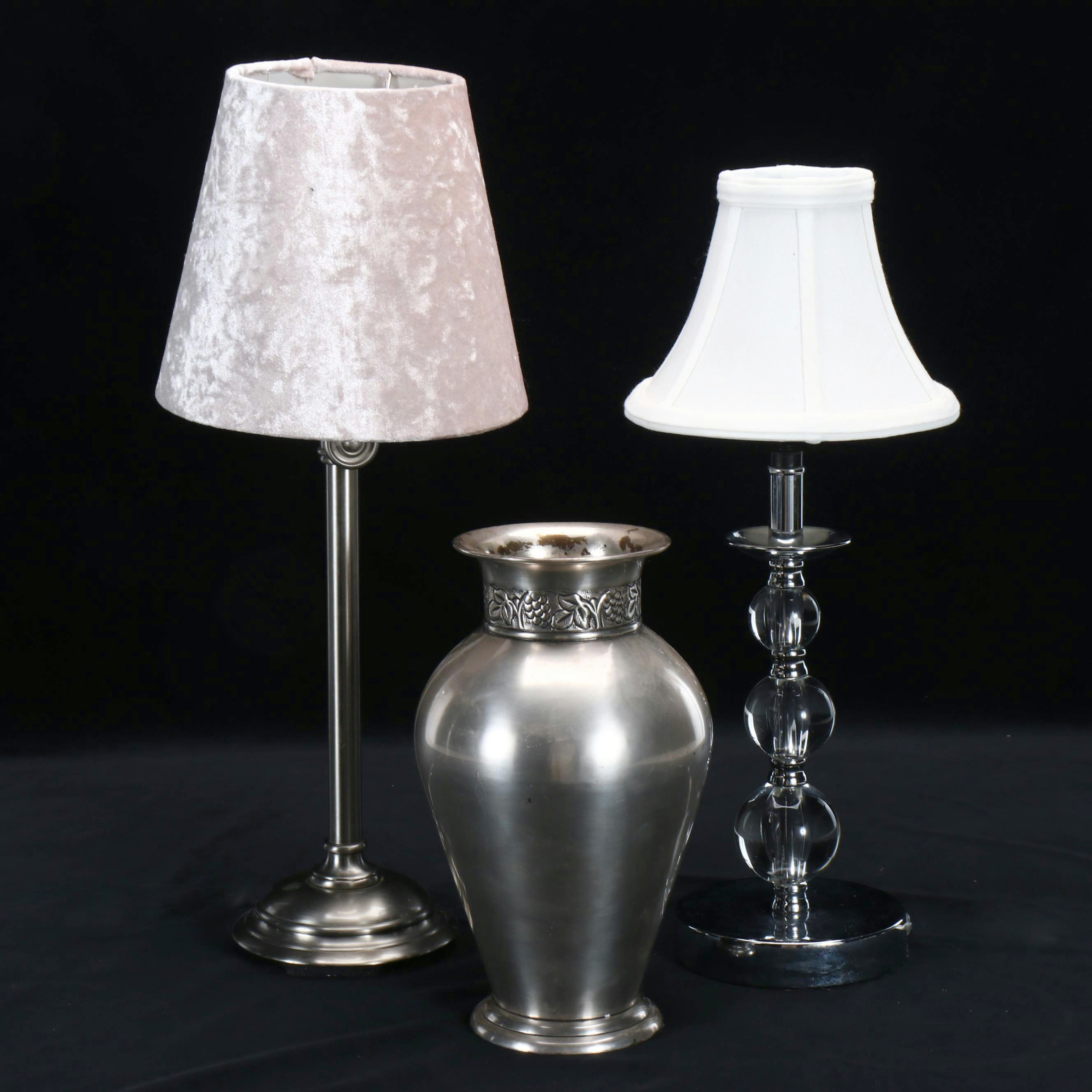 Metal Candlestick and Stacked Orb Table Lamps with Pottery Barn Metal Vase