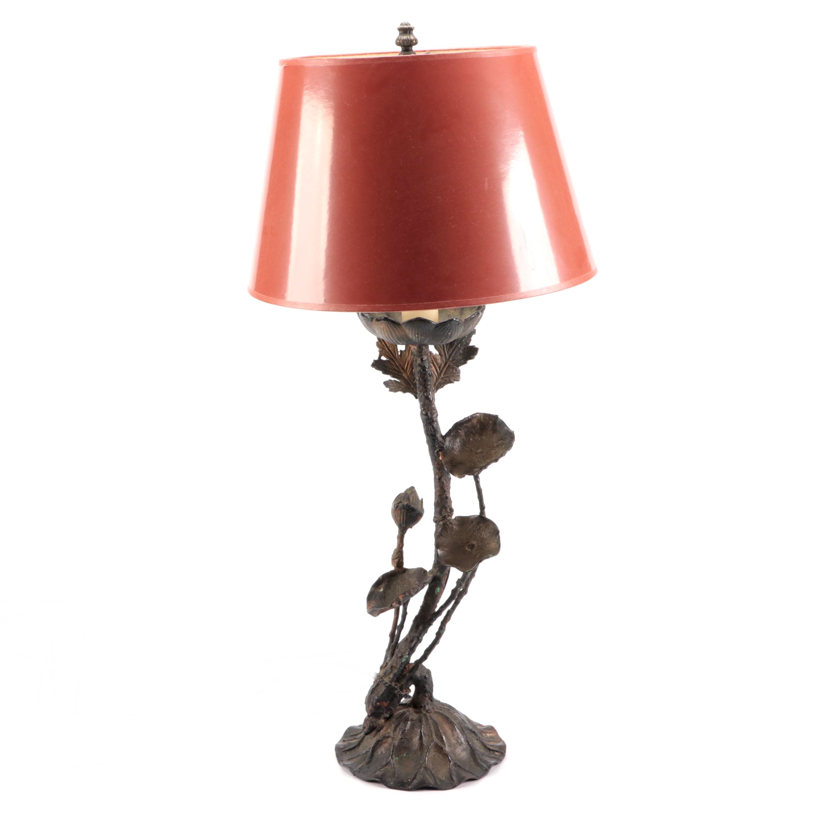 Cast Metal Lotus Plant with Buds and Leaves Table Lamp, Glossy Paper Shade