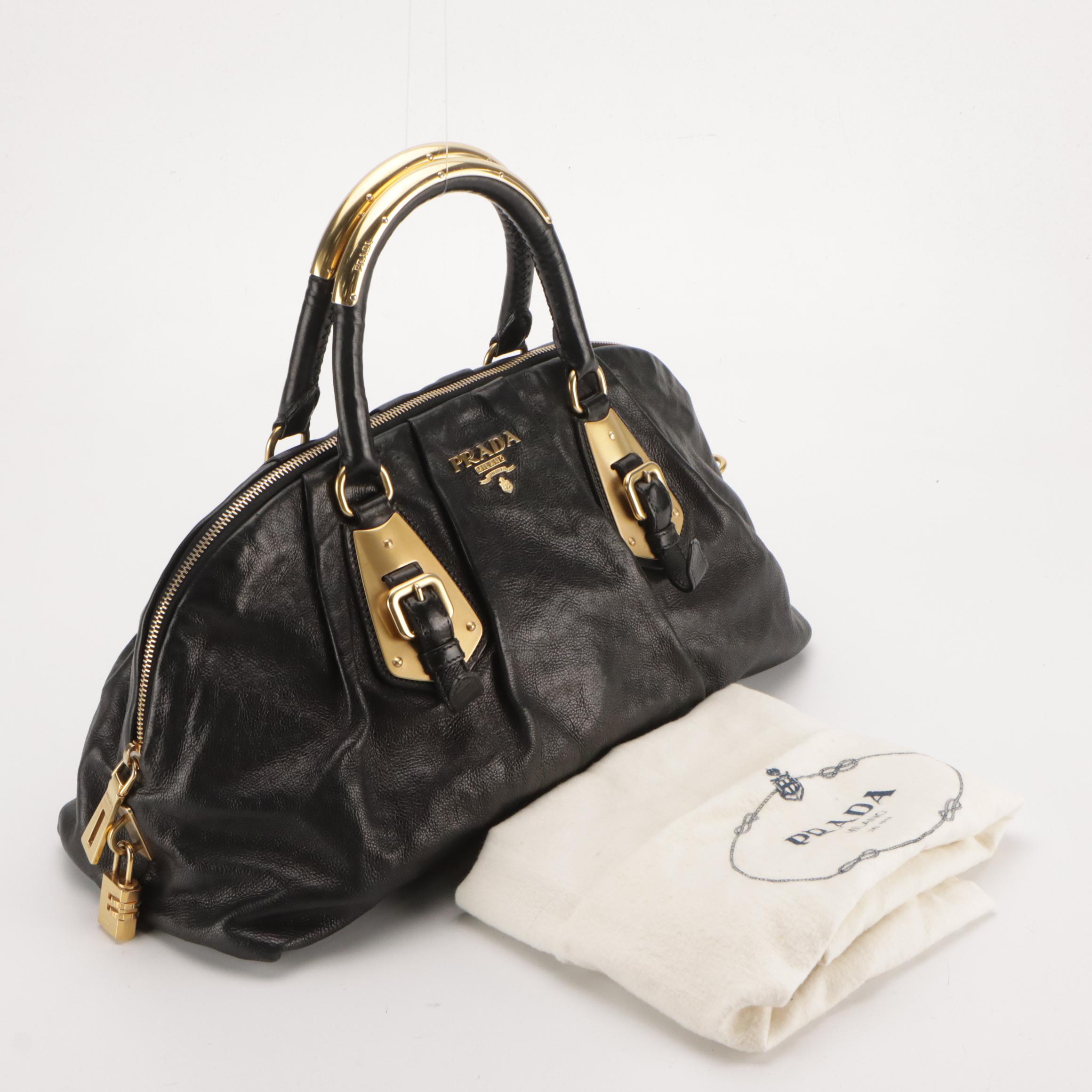 Prada Domed Metal Top Handle Satchel in Shiny Black Calfskin Leather