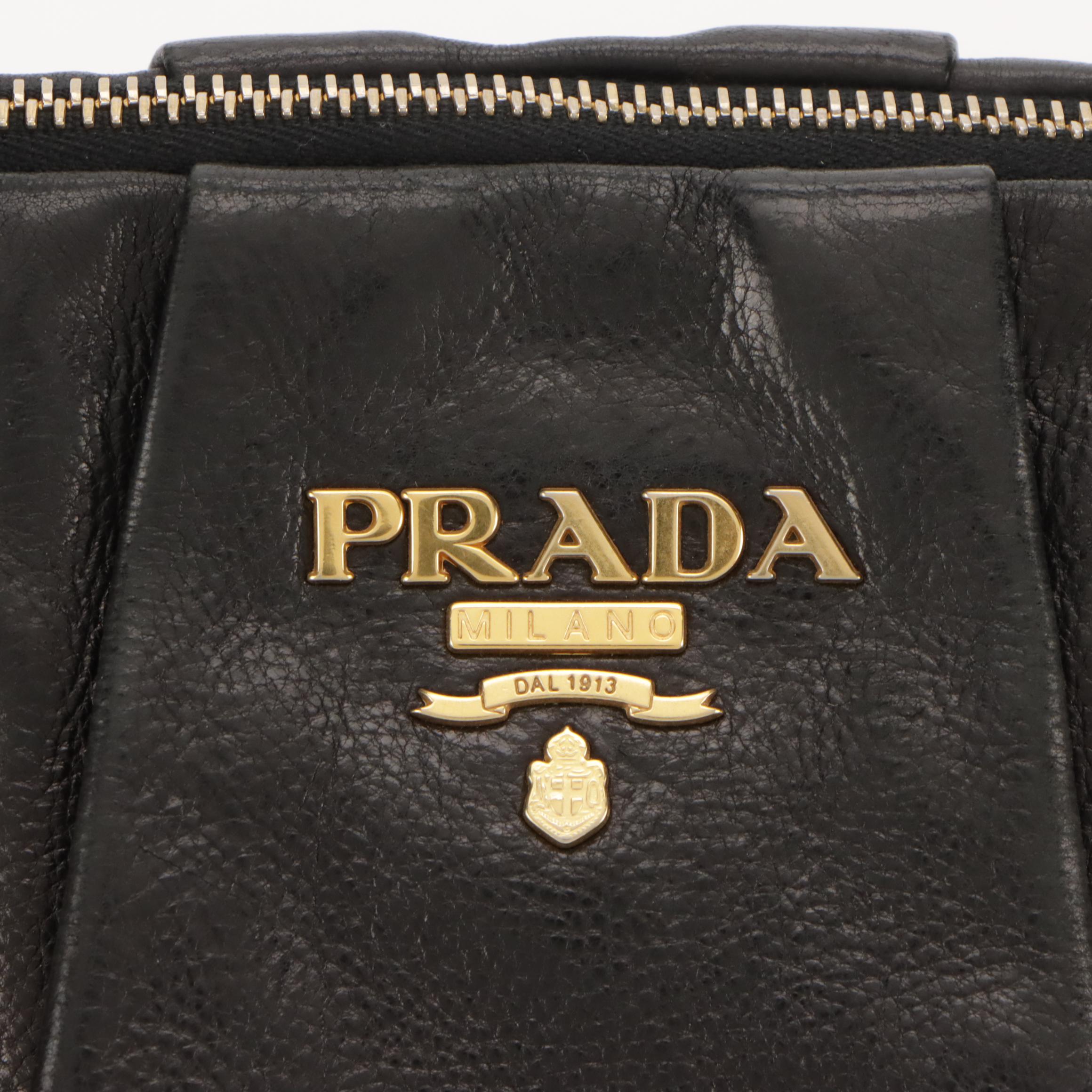 Prada Domed Metal Top Handle Satchel in Shiny Black Calfskin Leather