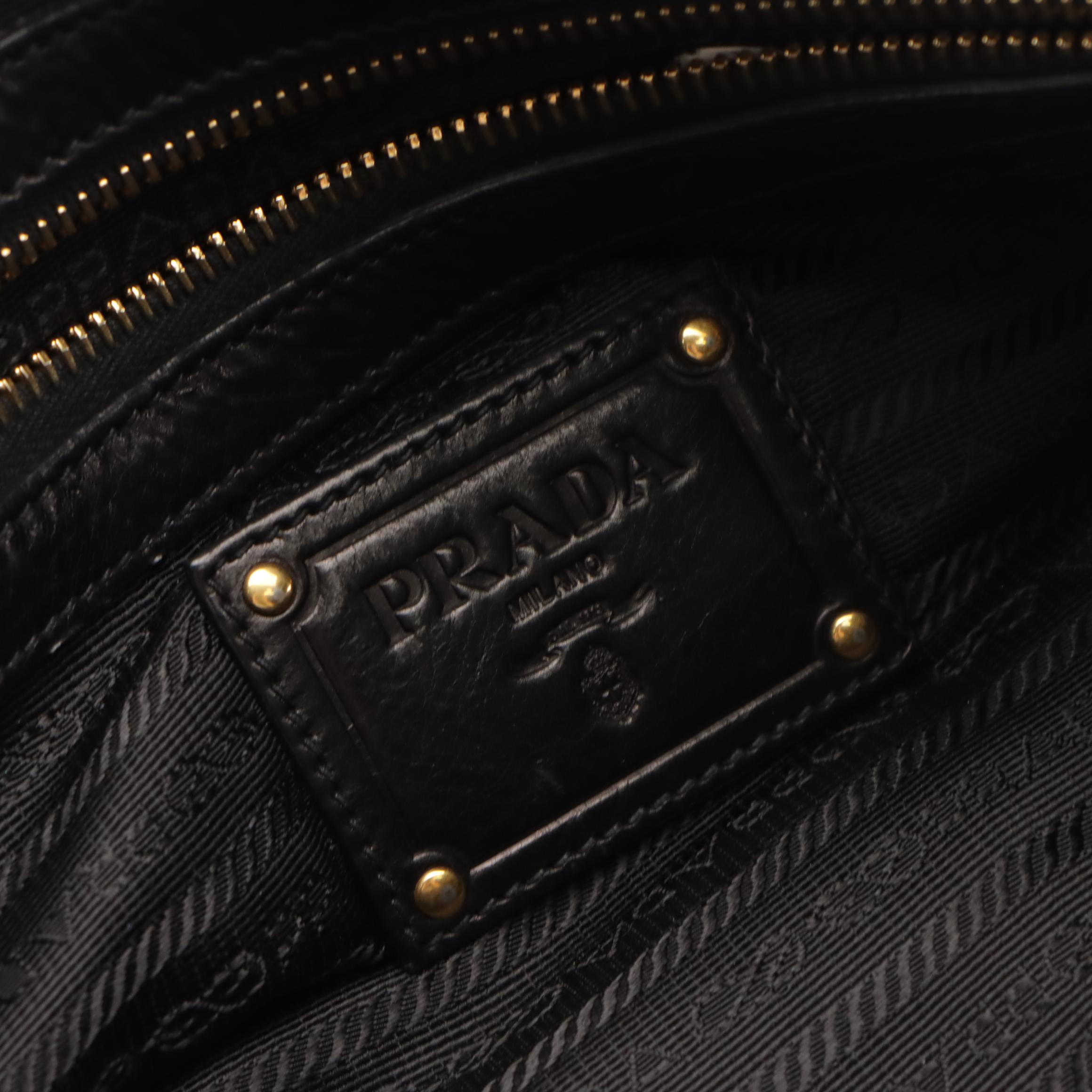 Prada Domed Metal Top Handle Satchel in Shiny Black Calfskin Leather