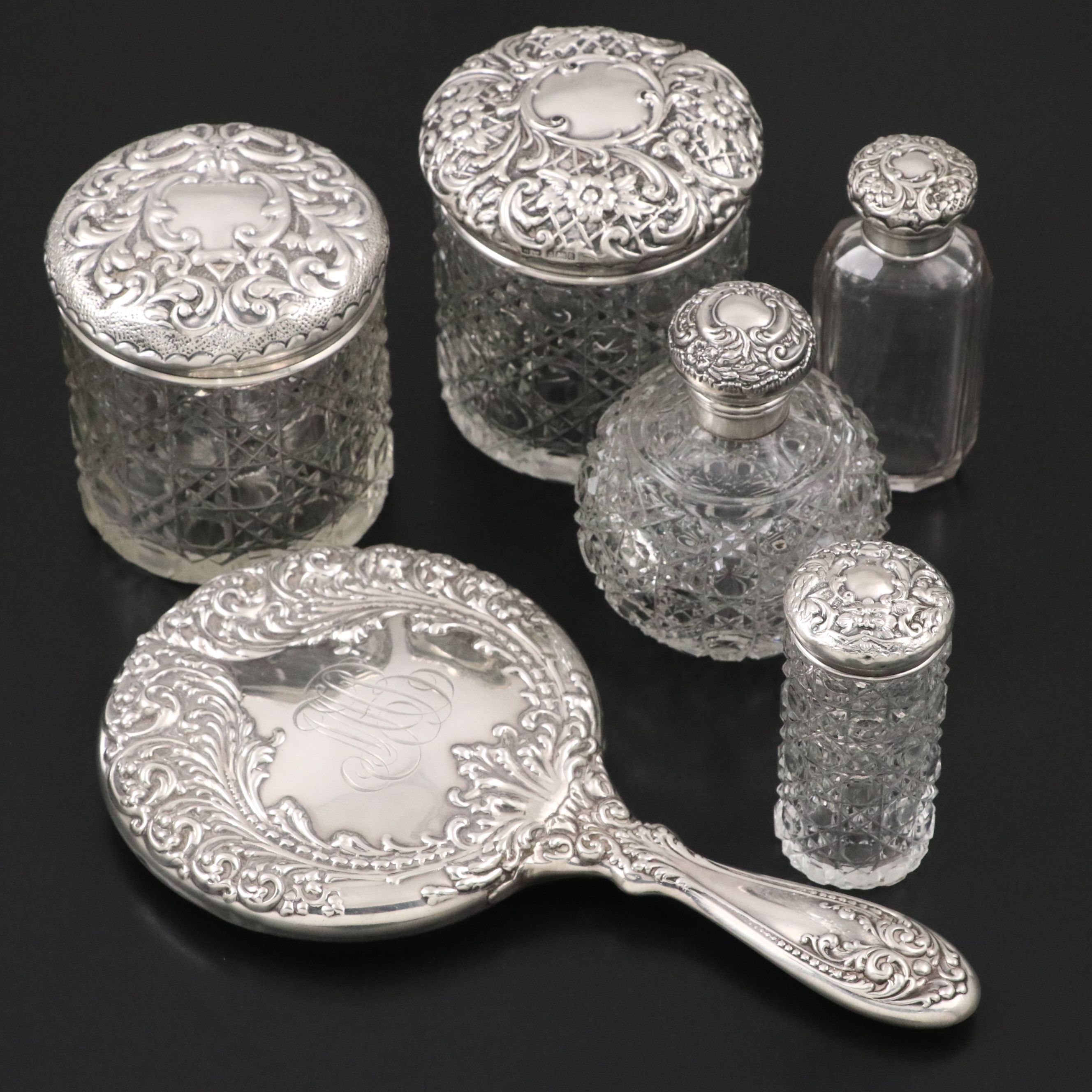Victorian Sterling Silver and Cut Glass Vanity Jars, Bottles with Mirror