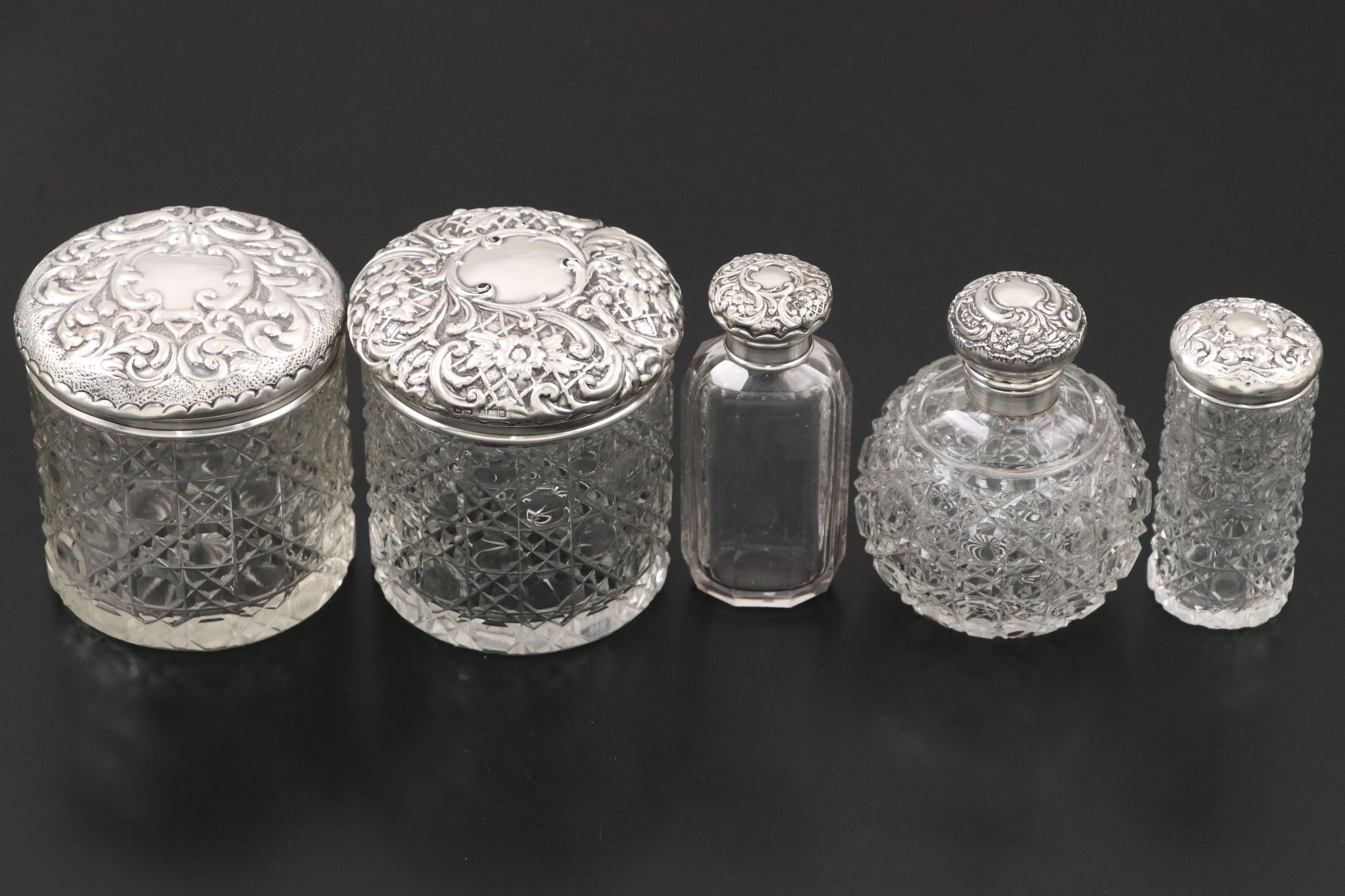 Victorian Sterling Silver and Cut Glass Vanity Jars, Bottles with Mirror
